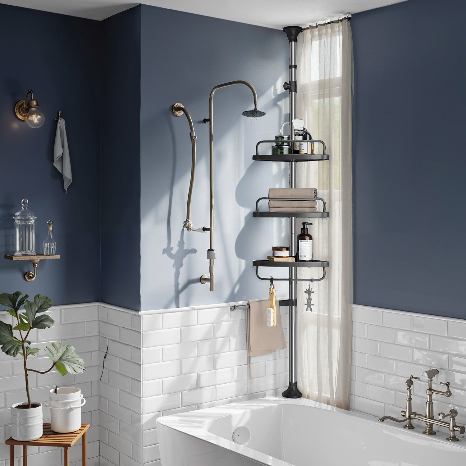 Telescopic Corner Shower Shelf - Stainless Steel - White and Silver - Adjustable with 4 Trays