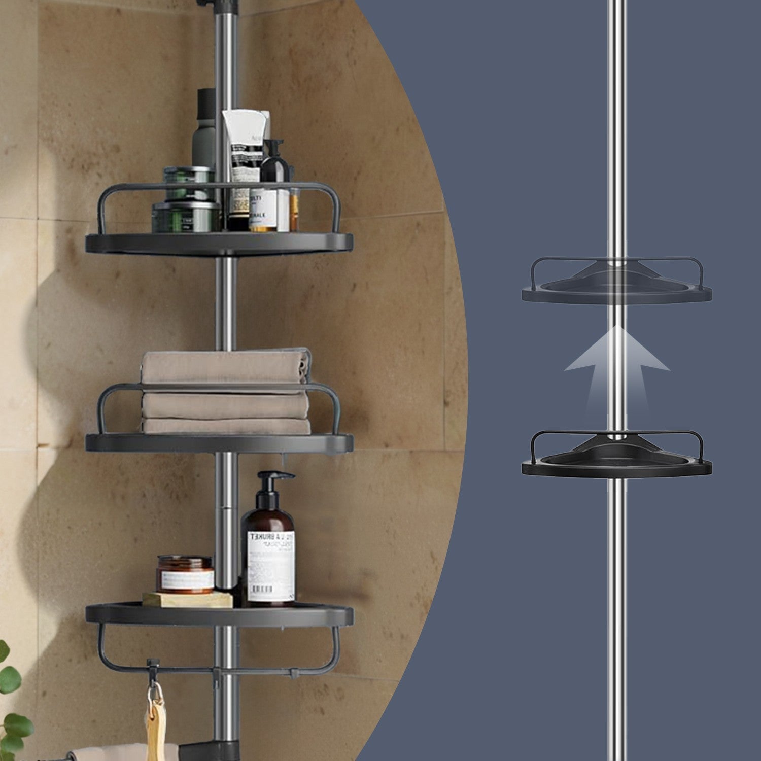 Telescopic Corner Shower Shelf - Stainless Steel - White and Silver - Adjustable with 4 Trays