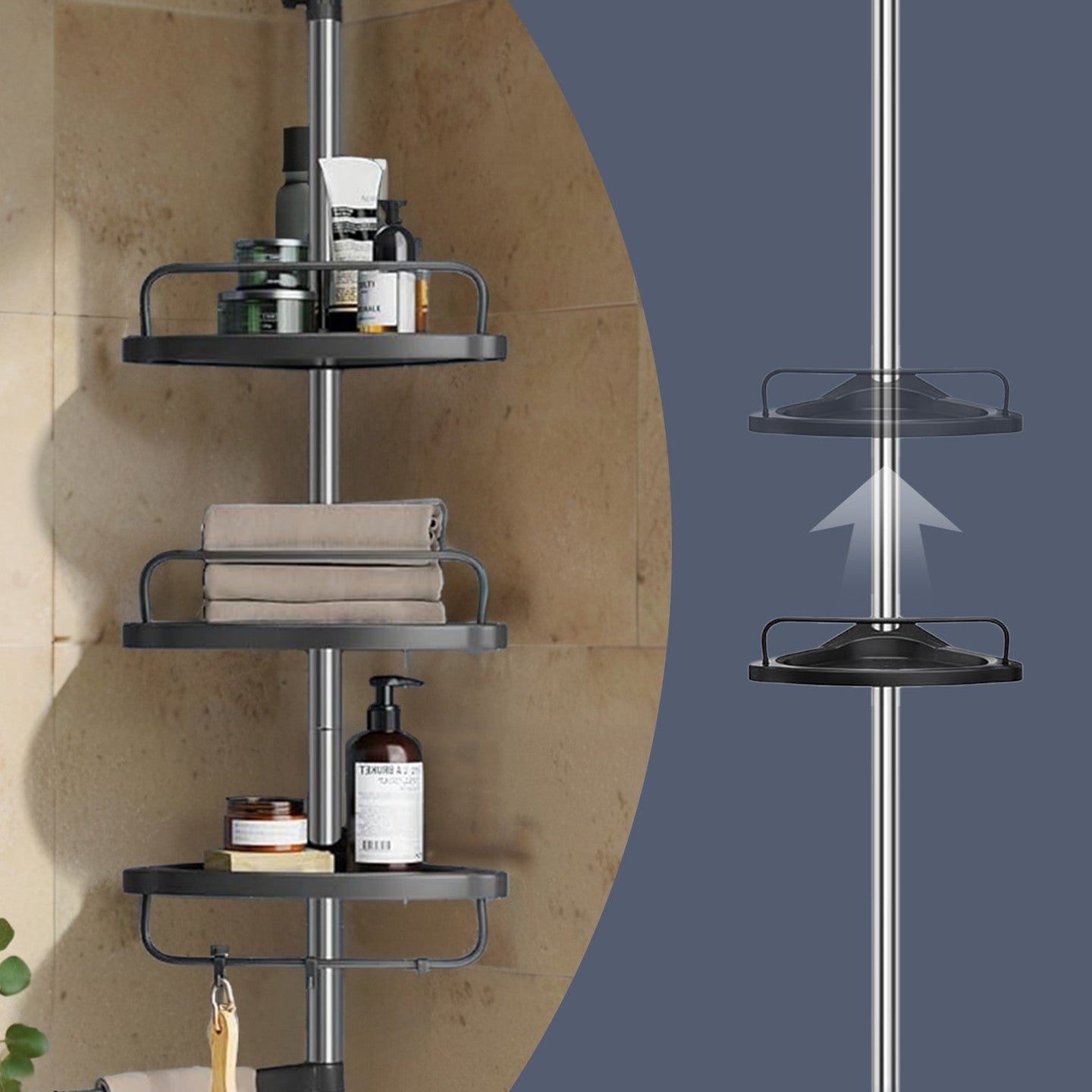 Telescopic Corner Shower Shelf - Stainless Steel - White and Silver - Adjustable with 4 Trays