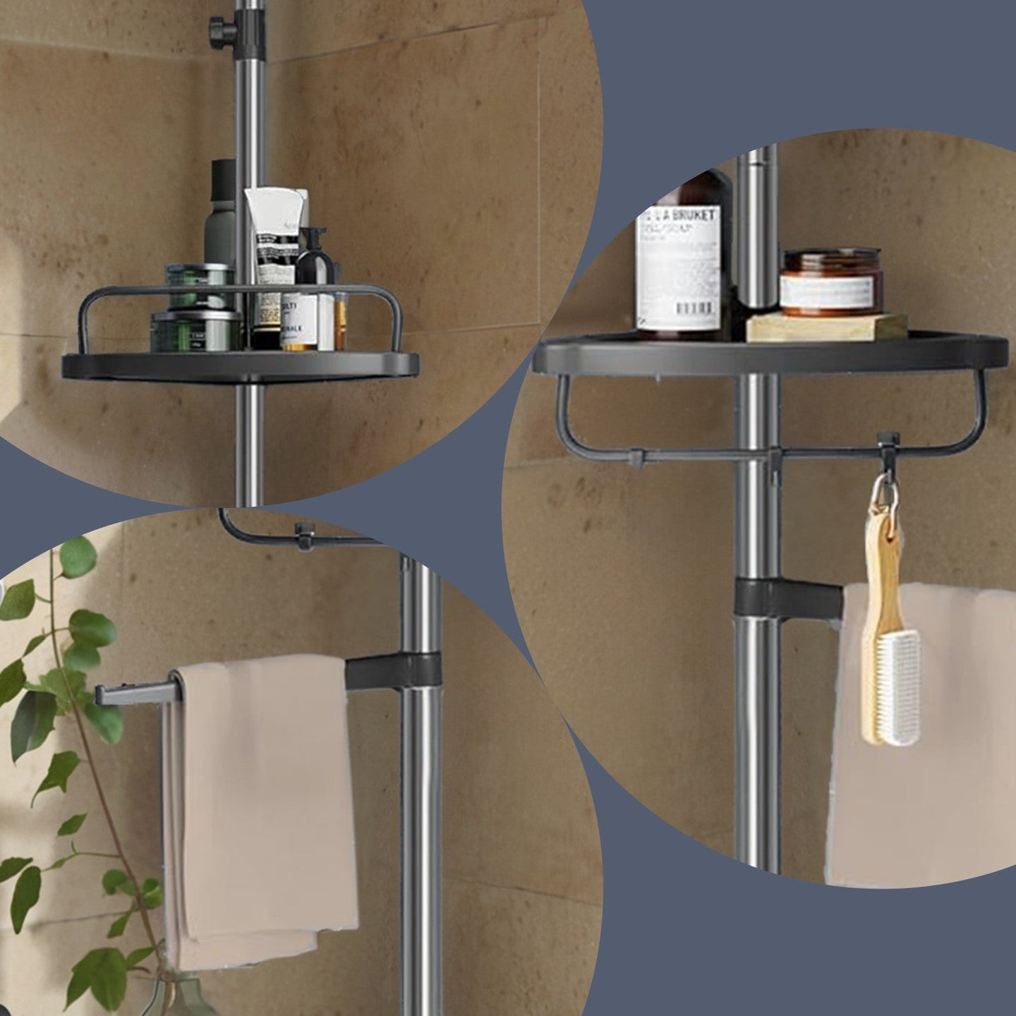Telescopic Corner Shower Shelf - Stainless Steel - White and Silver - Adjustable with 4 Trays