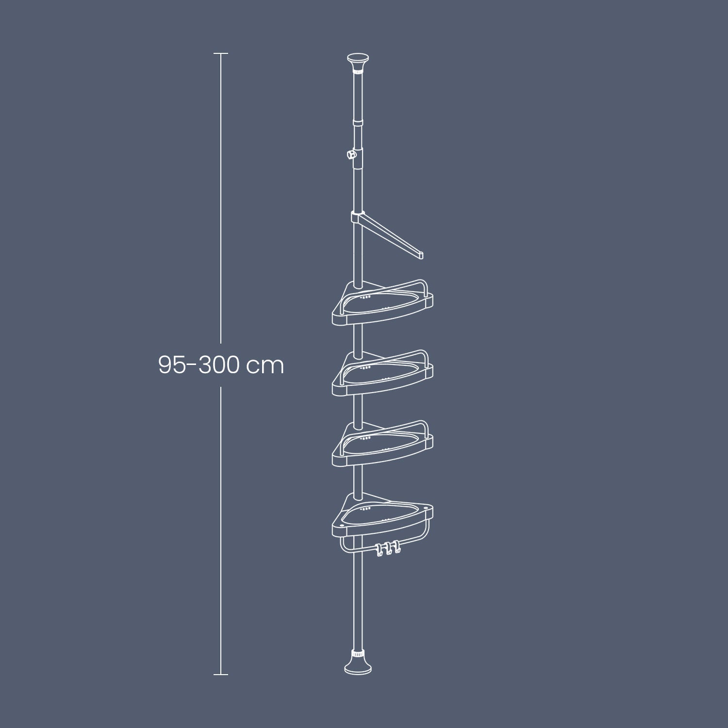 Telescopic Corner Shower Shelf - Stainless Steel - White and Silver - Adjustable with 4 Trays