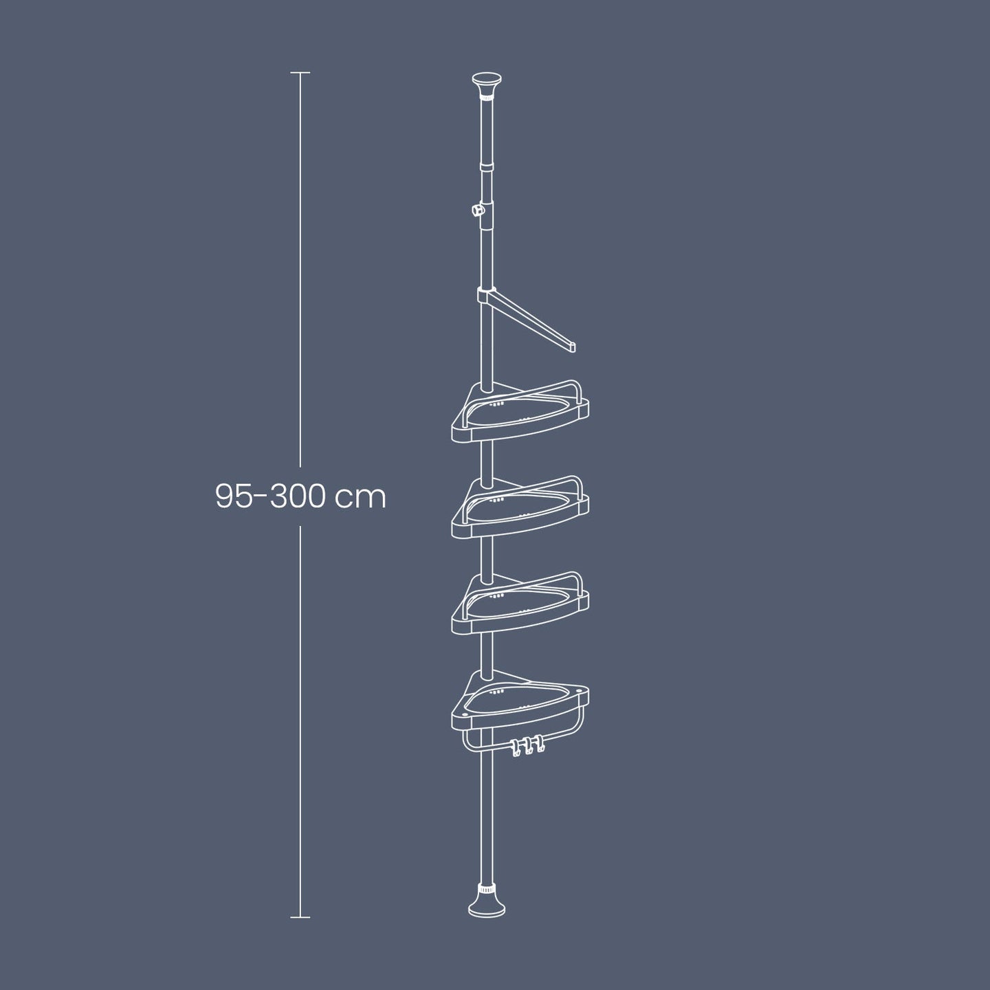 Telescopic Corner Shower Shelf - Stainless Steel - White and Silver - Adjustable with 4 Trays
