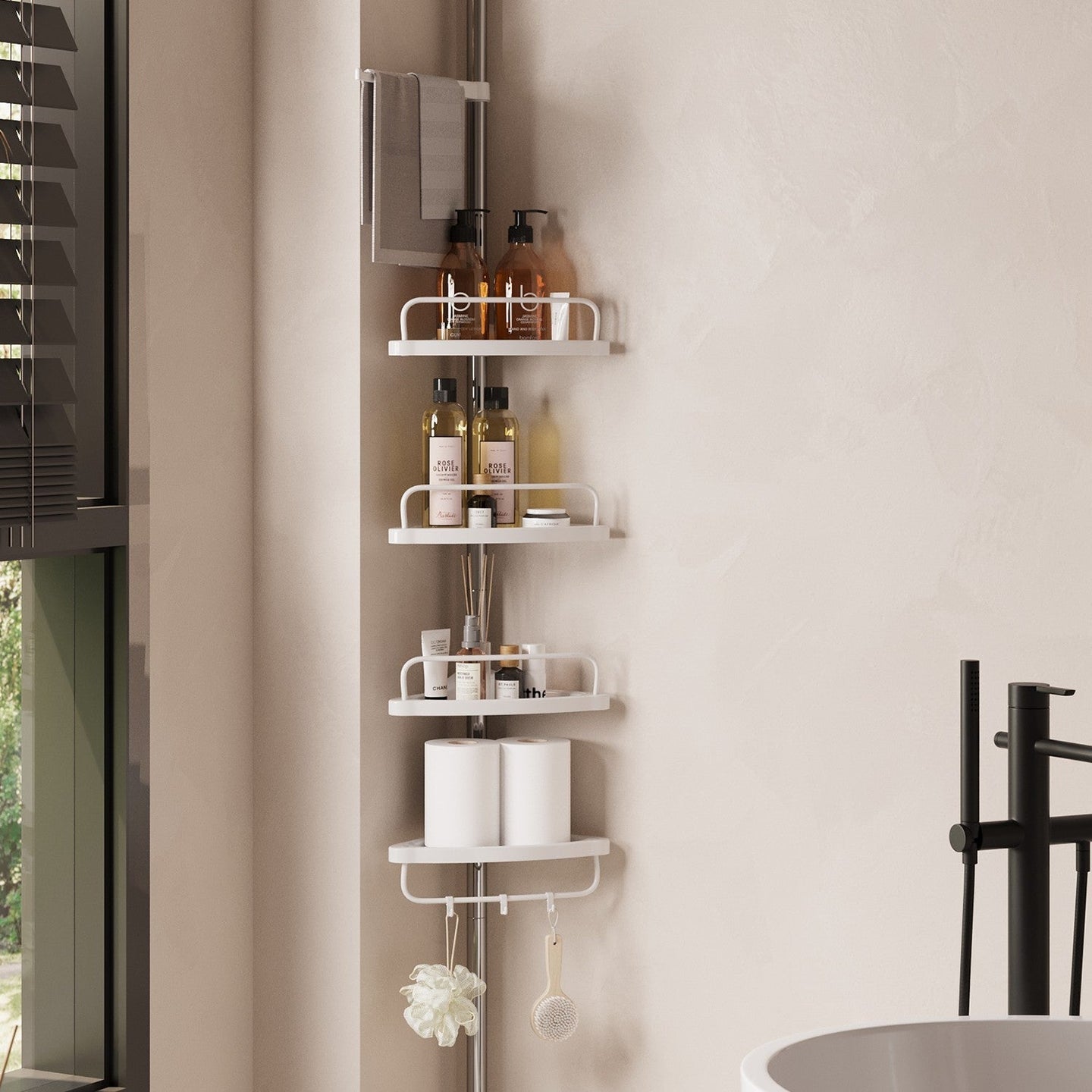 Telescopic Corner Shower Caddy - Stainless Steel - White - Adjustable with 4 Shelves