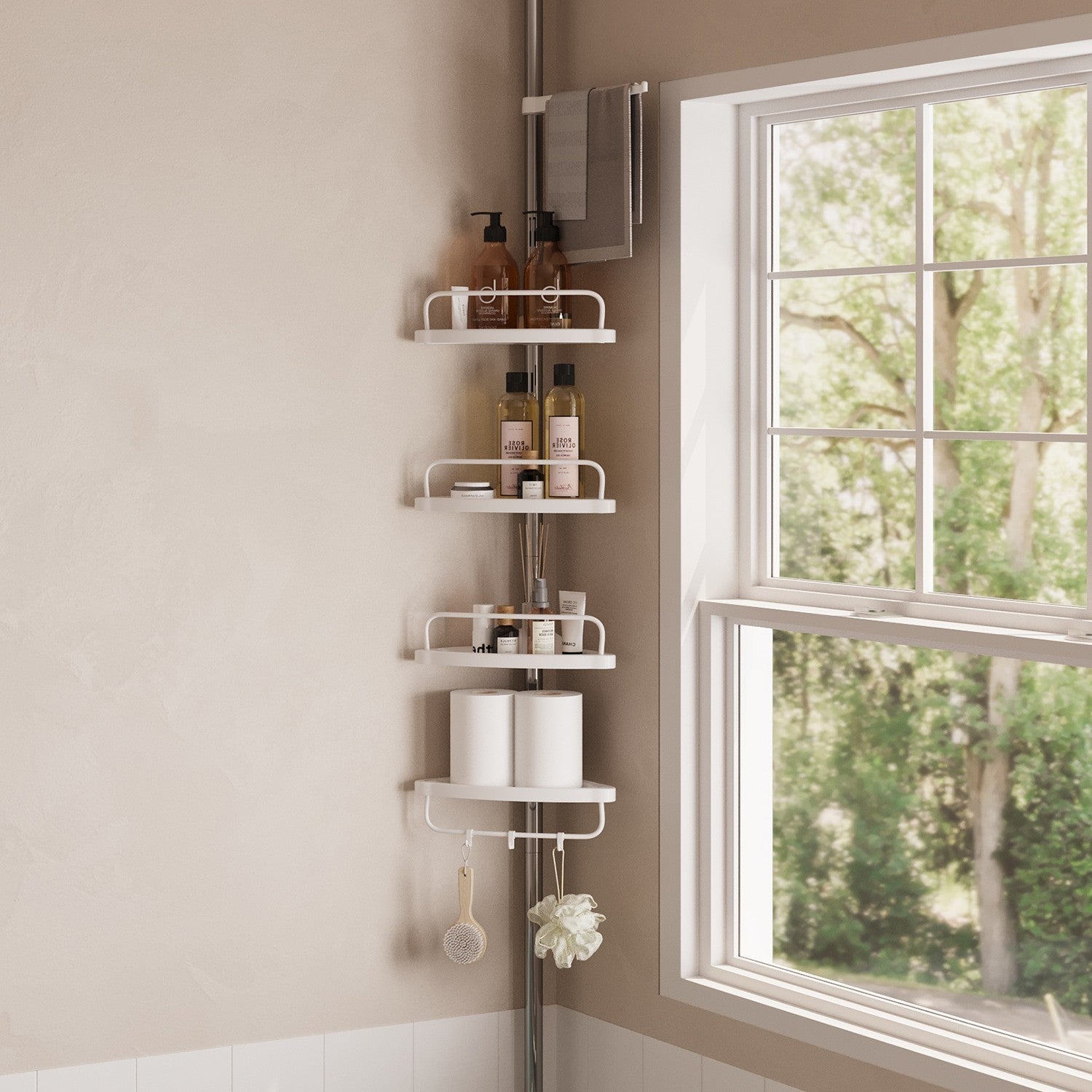 Telescopic Corner Shower Caddy - Stainless Steel - White - Adjustable with 4 Shelves