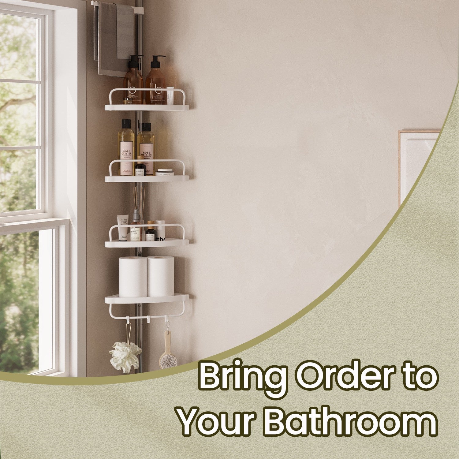Telescopic Corner Shower Caddy - Stainless Steel - White - Adjustable with 4 Shelves