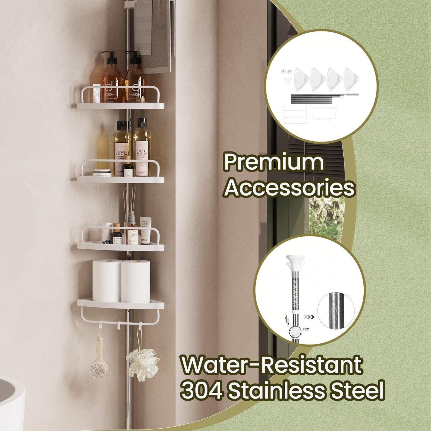 Telescopic Corner Shower Caddy - Stainless Steel - White - Adjustable with 4 Shelves