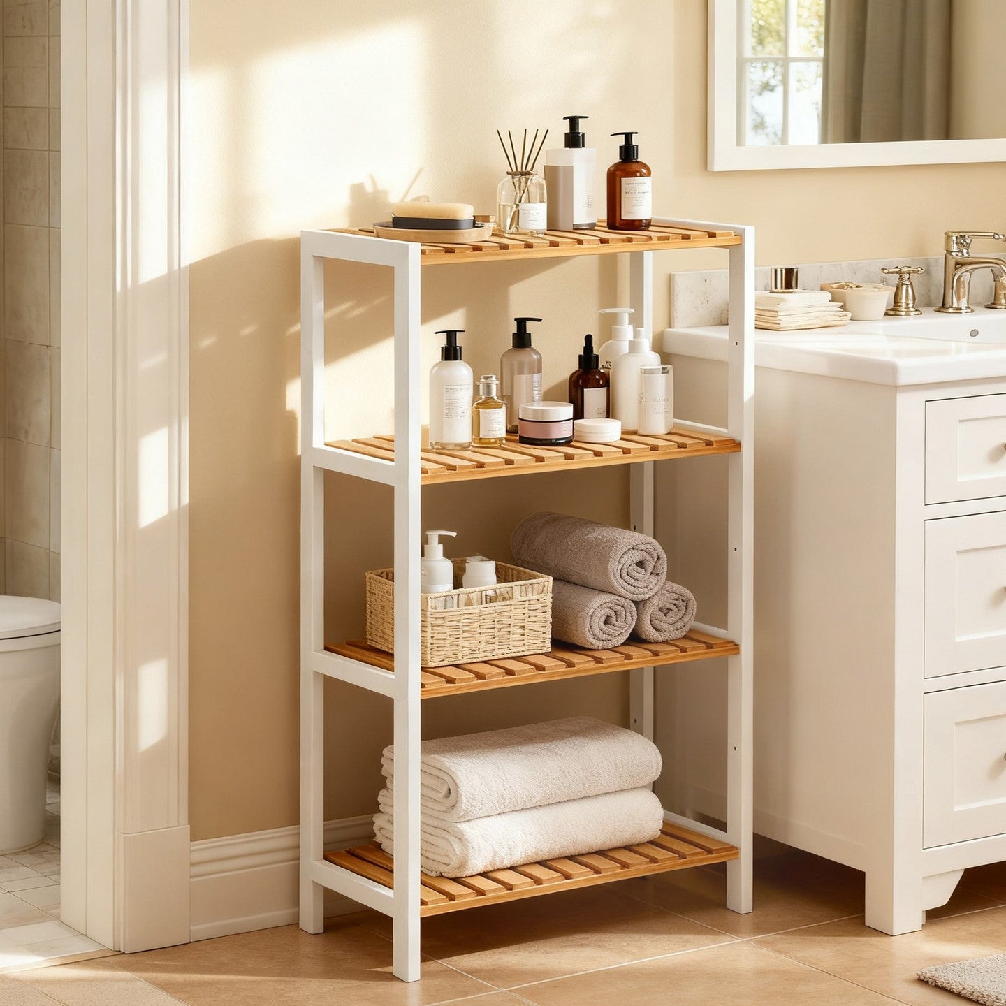 3-Tier Shelving Unit - Bamboo - White - Multifunctional Storage for Hallway and More