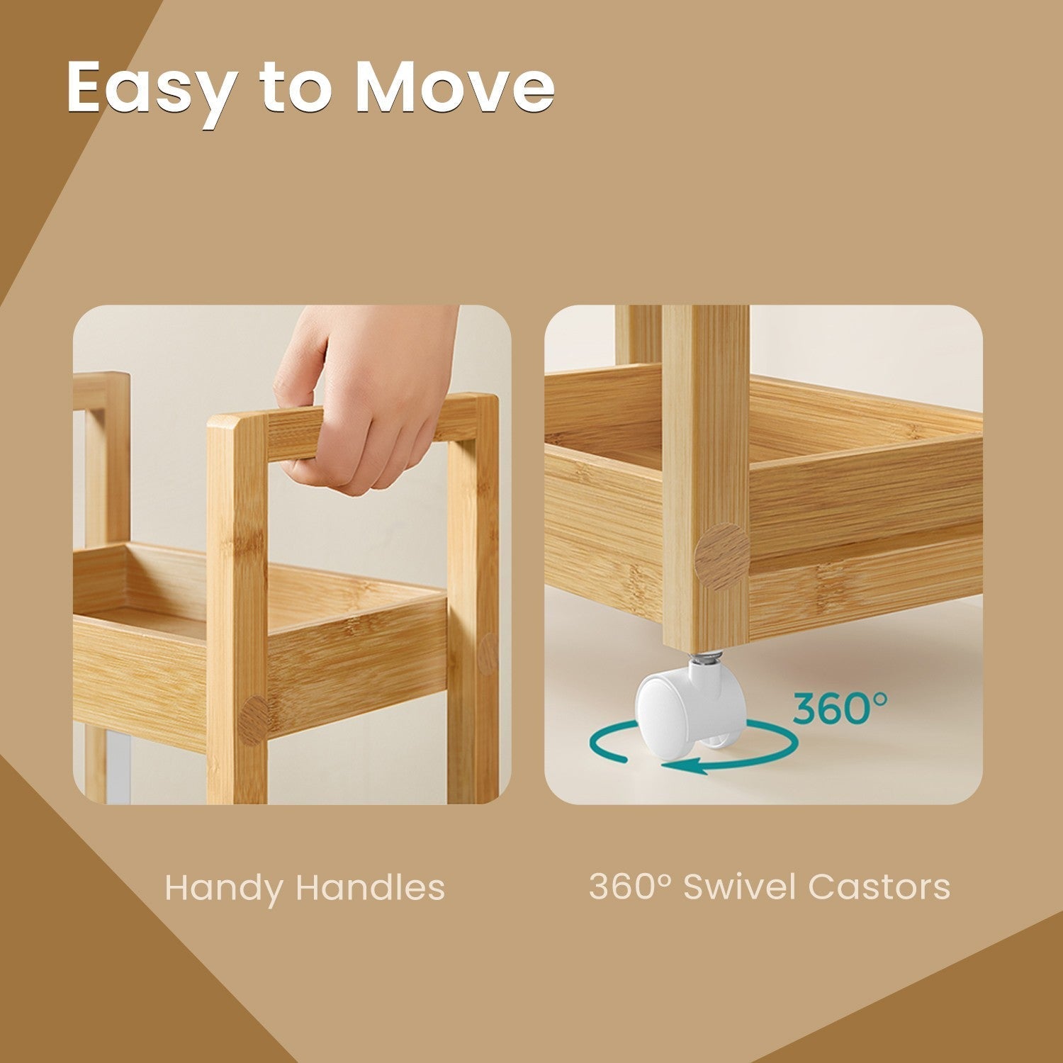 Bathroom Trolley - Bamboo - Natural - Space-Saving 3-Tier Design on Wheels