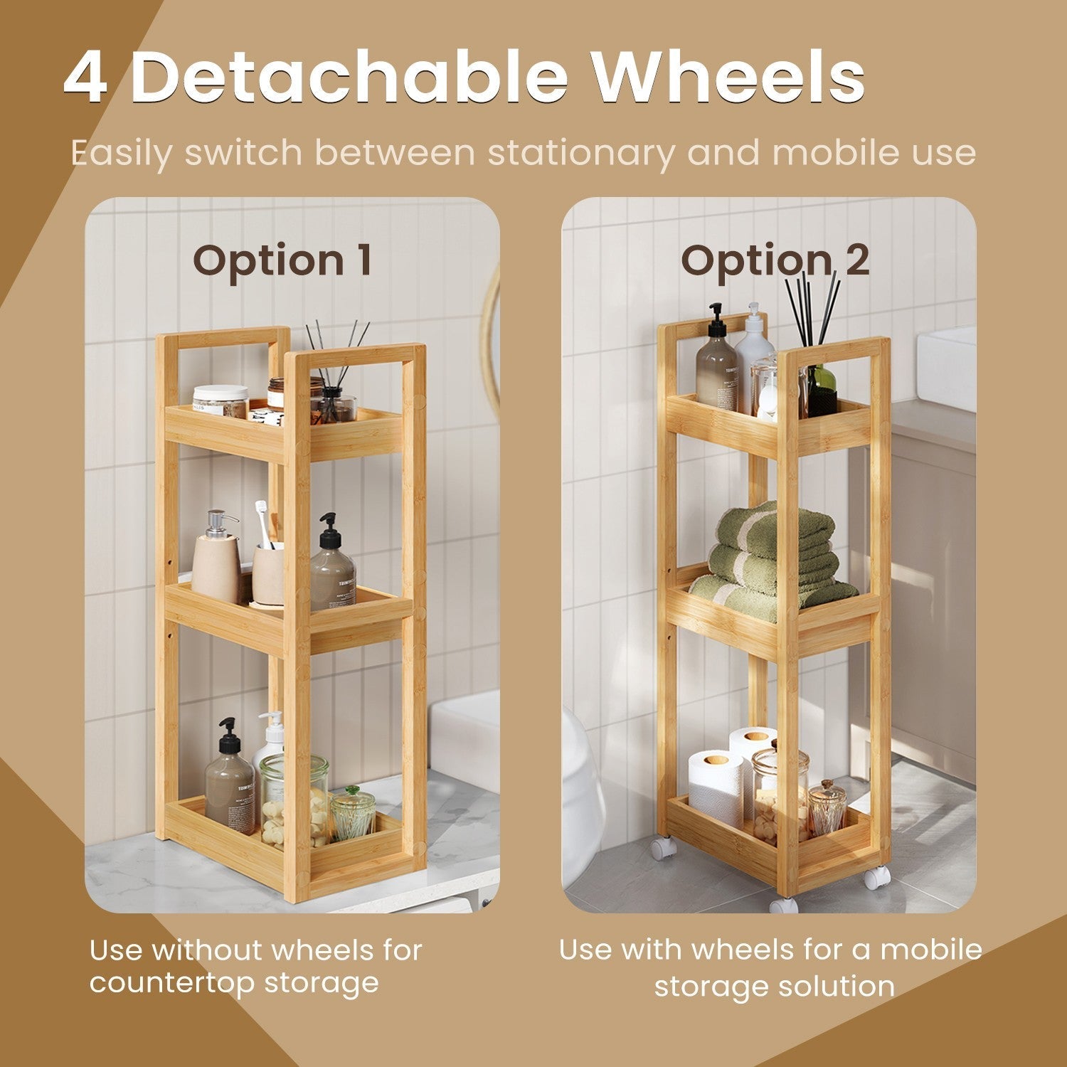 Bathroom Trolley - Bamboo - Natural - Space-Saving 3-Tier Design on Wheels