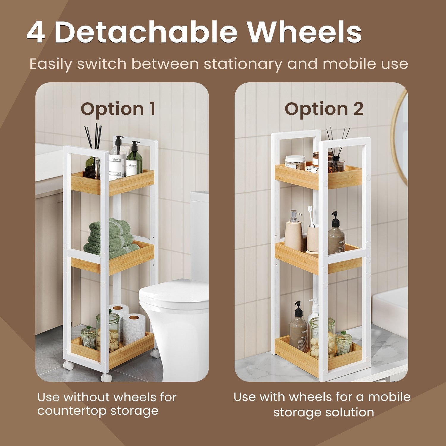 Bathroom Trolley - Bamboo - Natural - Space-Saving 3-Tier Design on Wheels