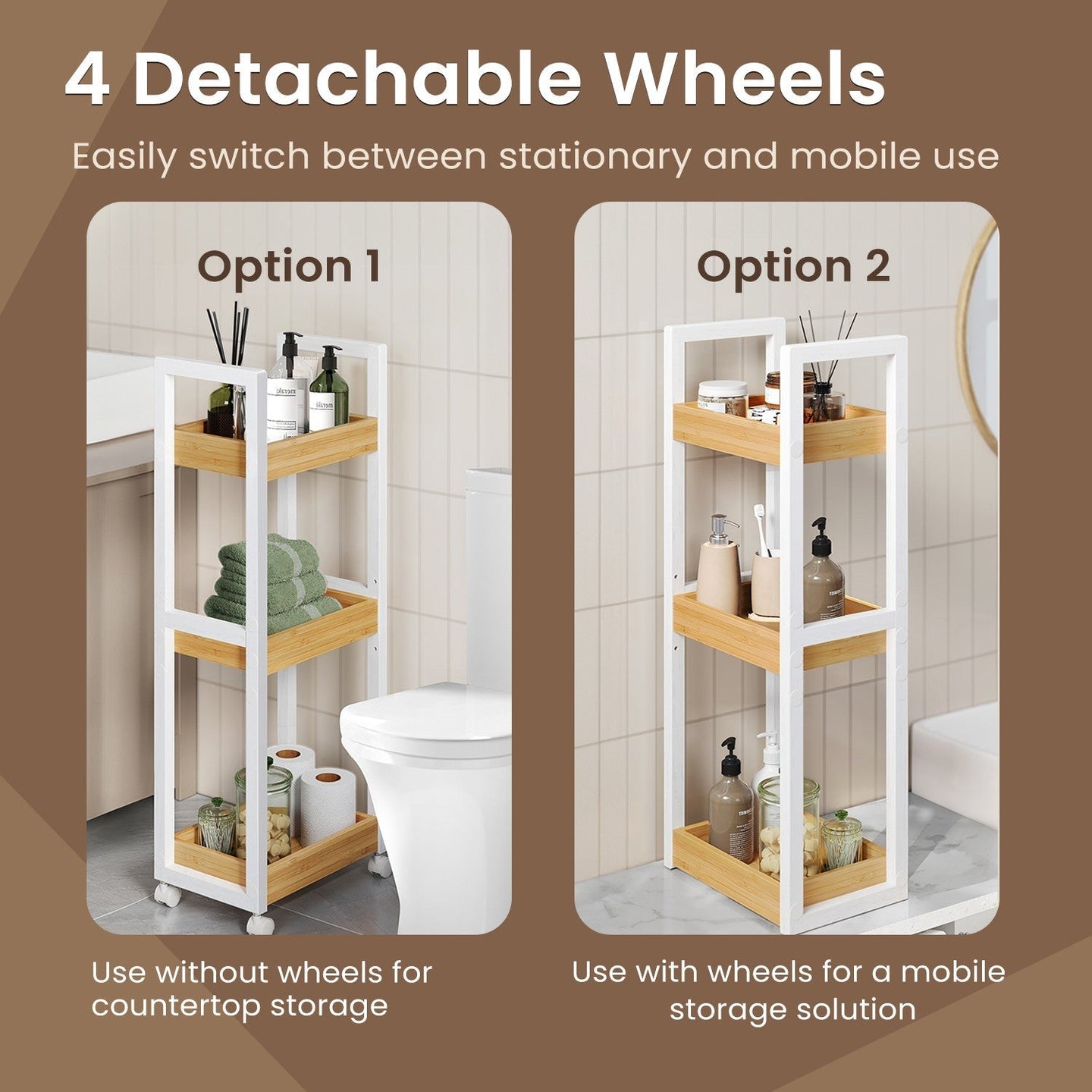Bathroom Trolley - Bamboo - Natural - Space-Saving 3-Tier Design on Wheels