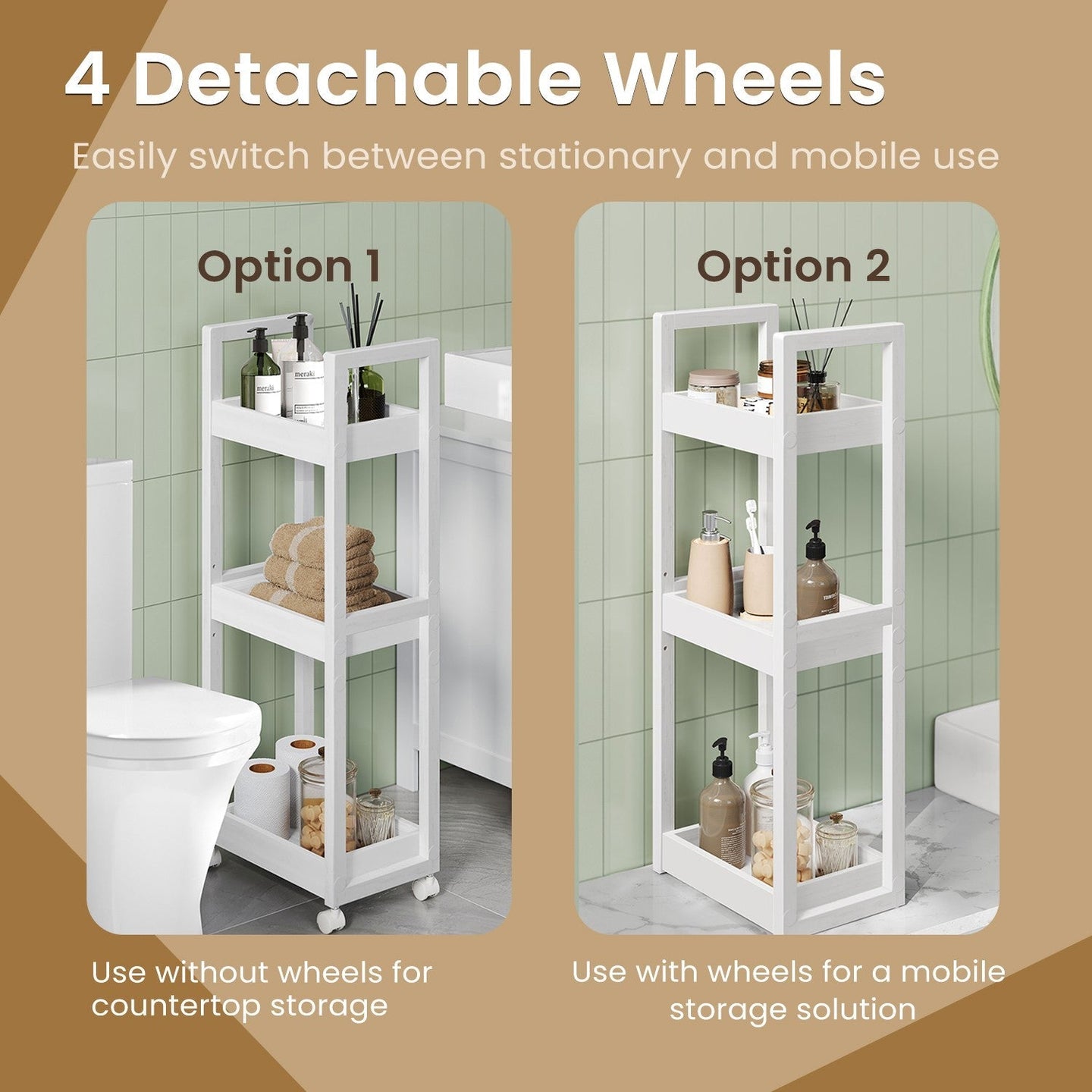 Bathroom Trolley - Bamboo - Natural - Space-Saving 3-Tier Design on Wheels
