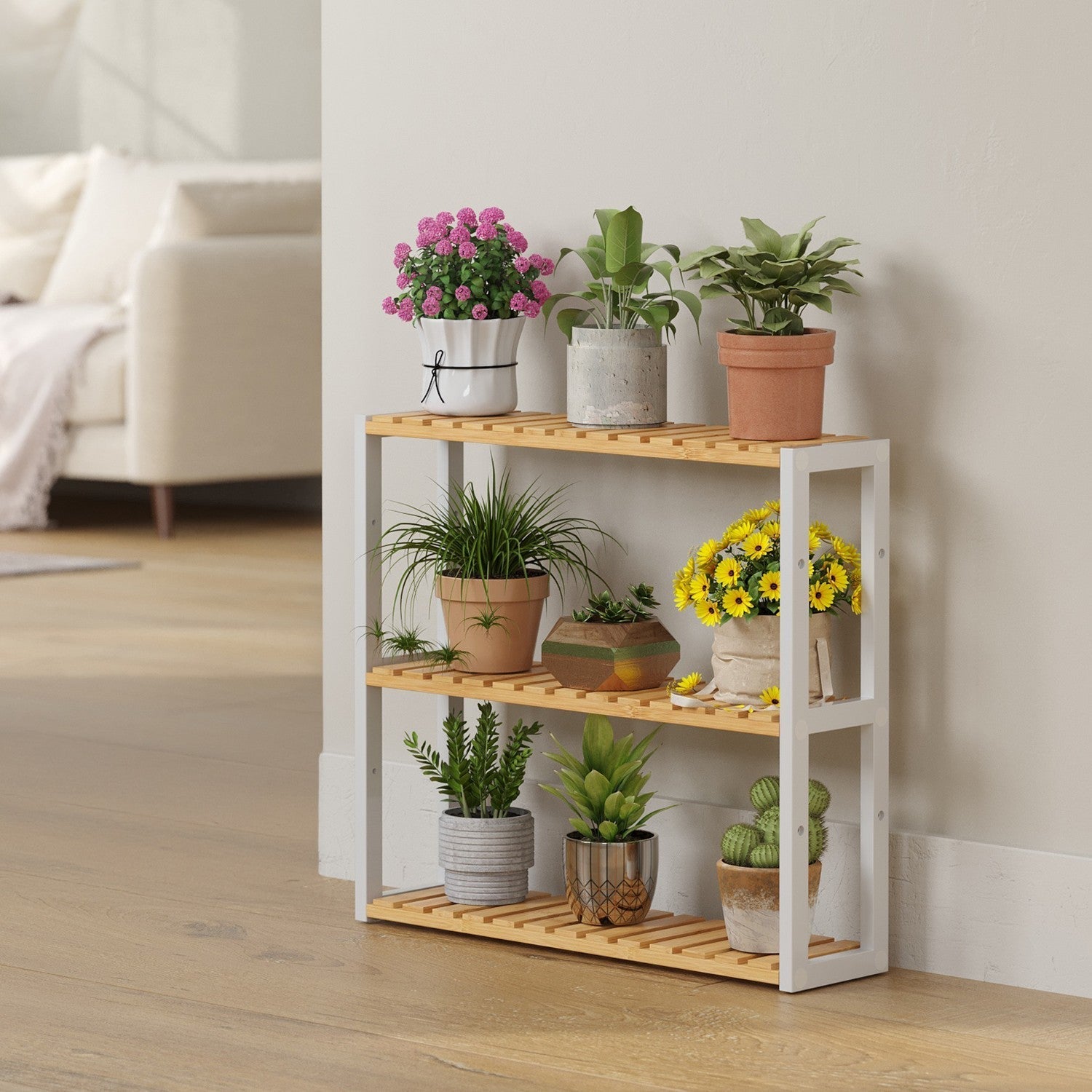 Bamboo Shelving Unit - Bamboo - White - Adjustable 3-Tier Design