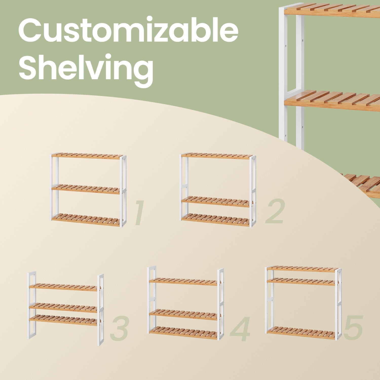 Bamboo Shelving Unit - Bamboo - White - Adjustable 3-Tier Design