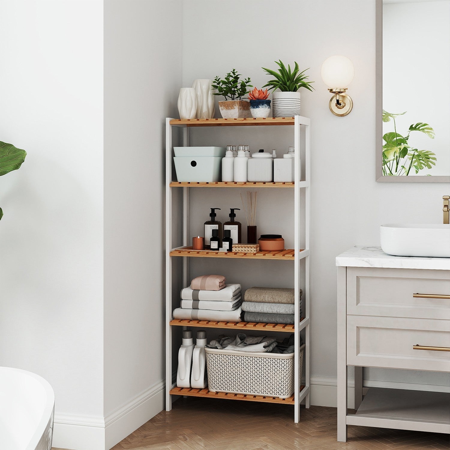 5-Tier Storage Shelf - Bamboo - White and Natural - Adjustable Heights