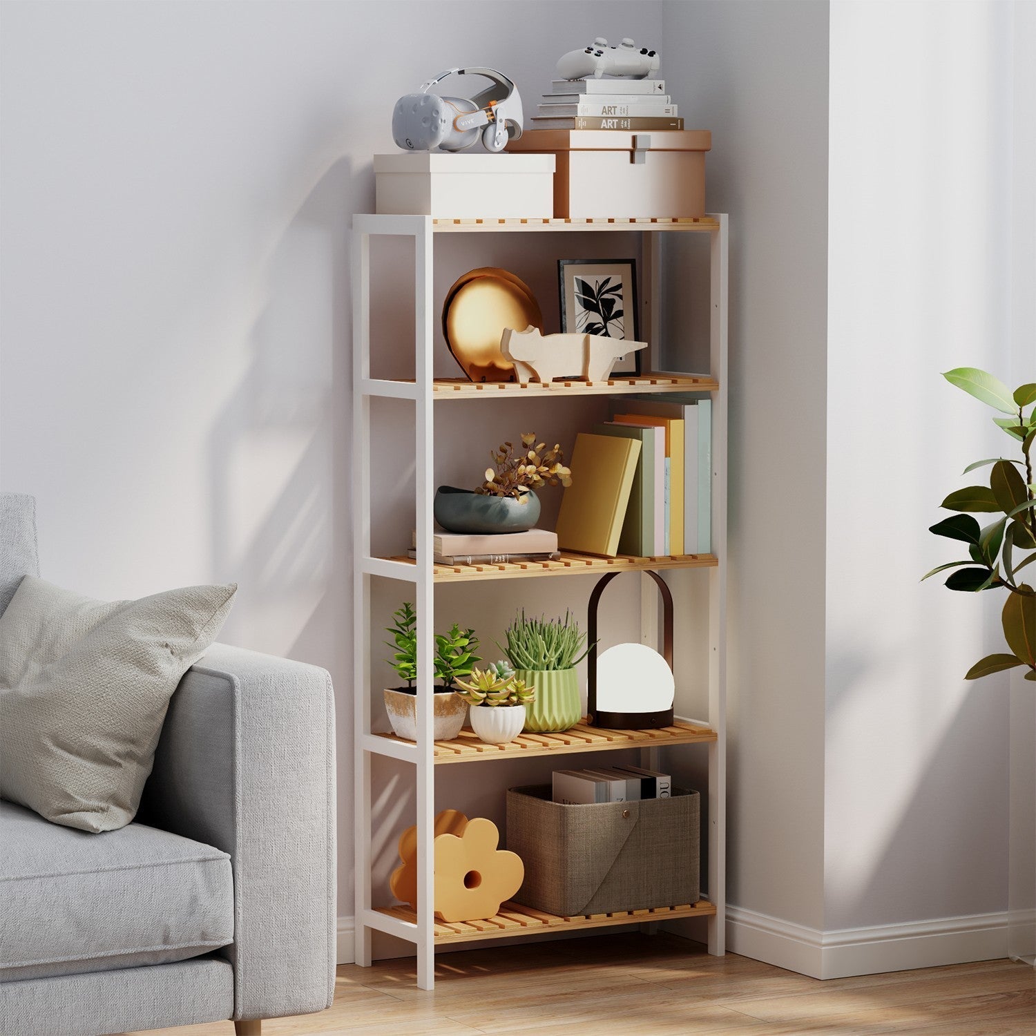 5-Tier Storage Shelf - Bamboo - White and Natural - Adjustable Heights