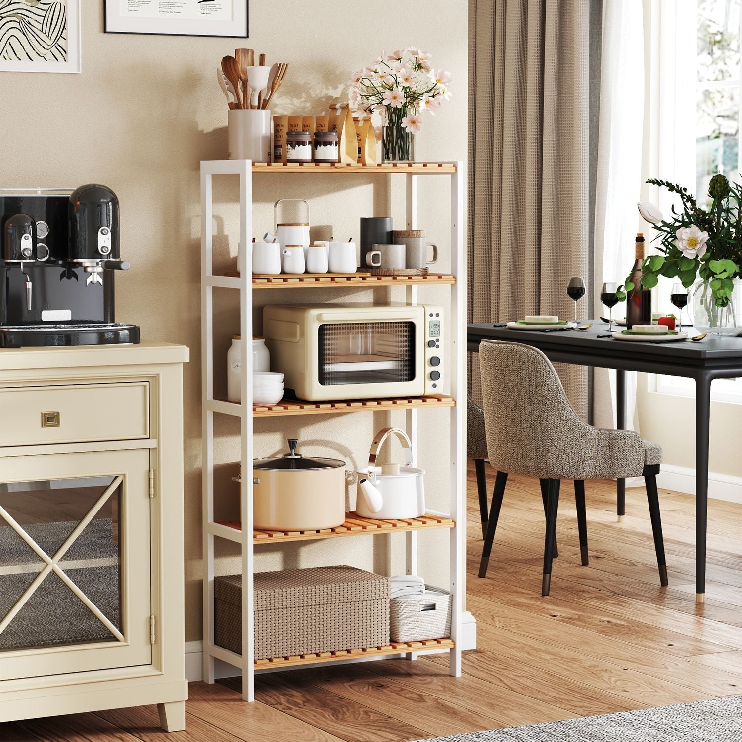 5-Tier Storage Shelf - Bamboo - White and Natural - Adjustable Heights