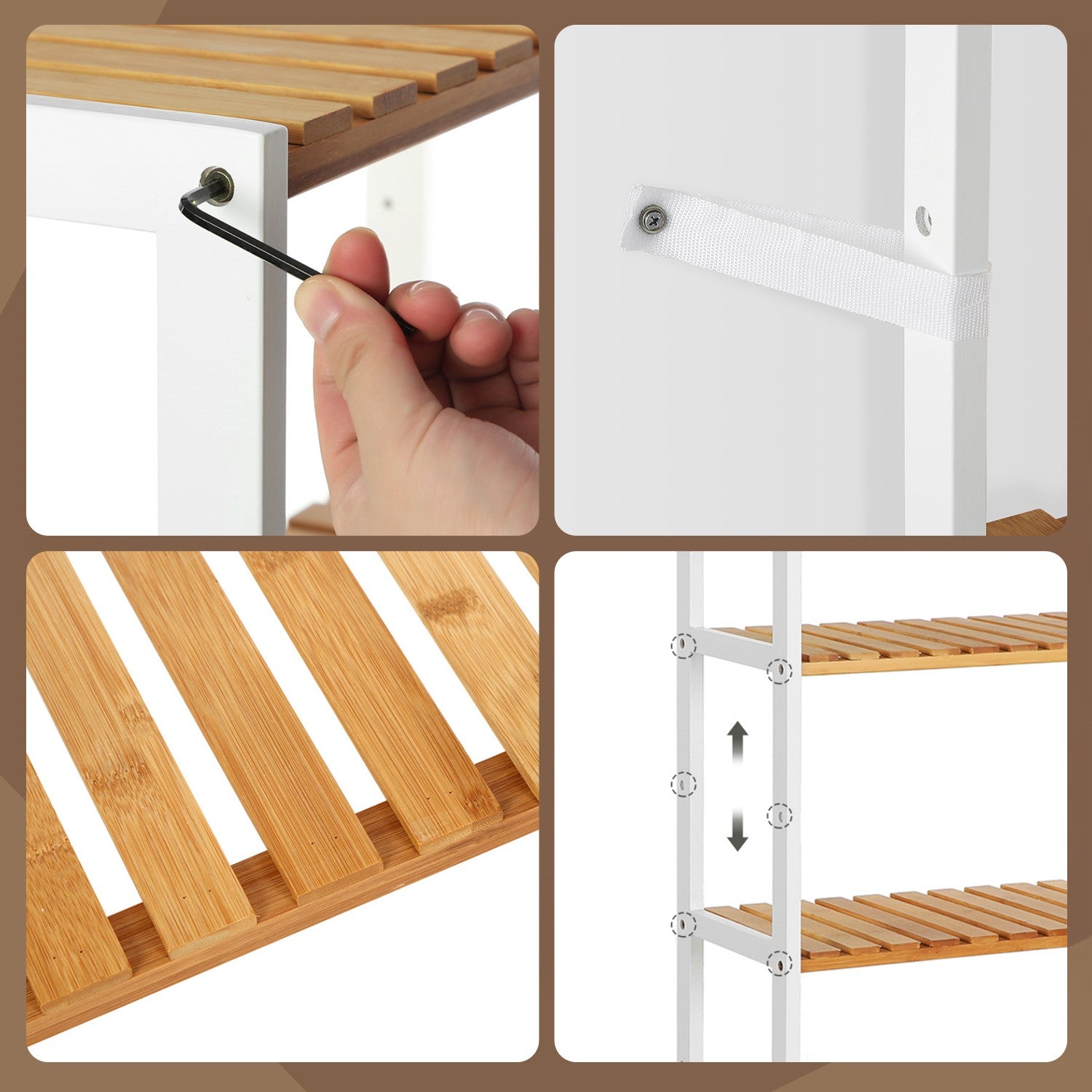 5-Tier Storage Shelf - Bamboo - White and Natural - Adjustable Heights