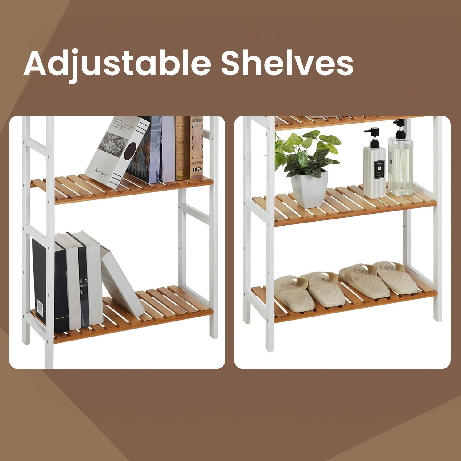 5-Tier Storage Shelf - Bamboo - White and Natural - Adjustable Heights