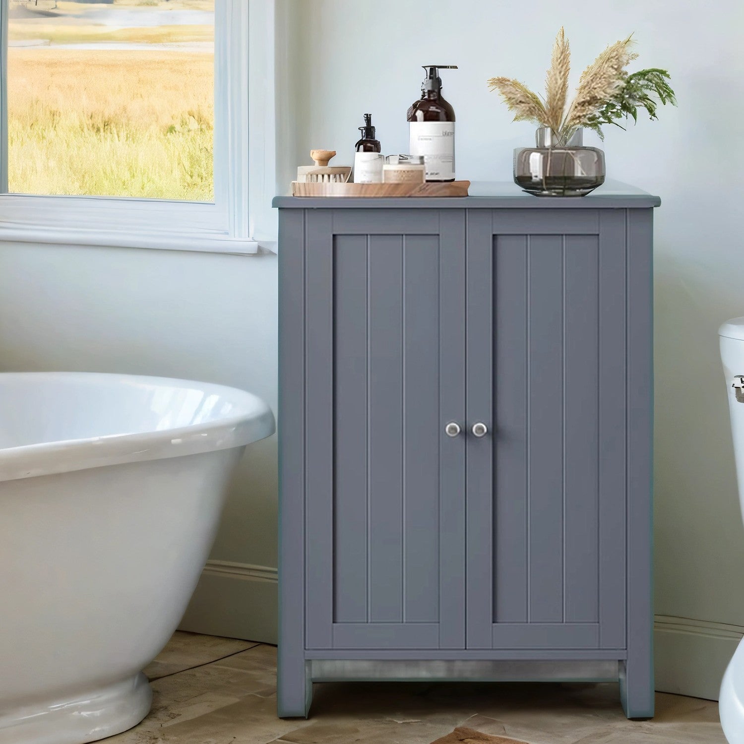 Bathroom Floor Storage Cabinet - Wood - White - Freestanding with 2 Doors and 2 Adjustable Shelves