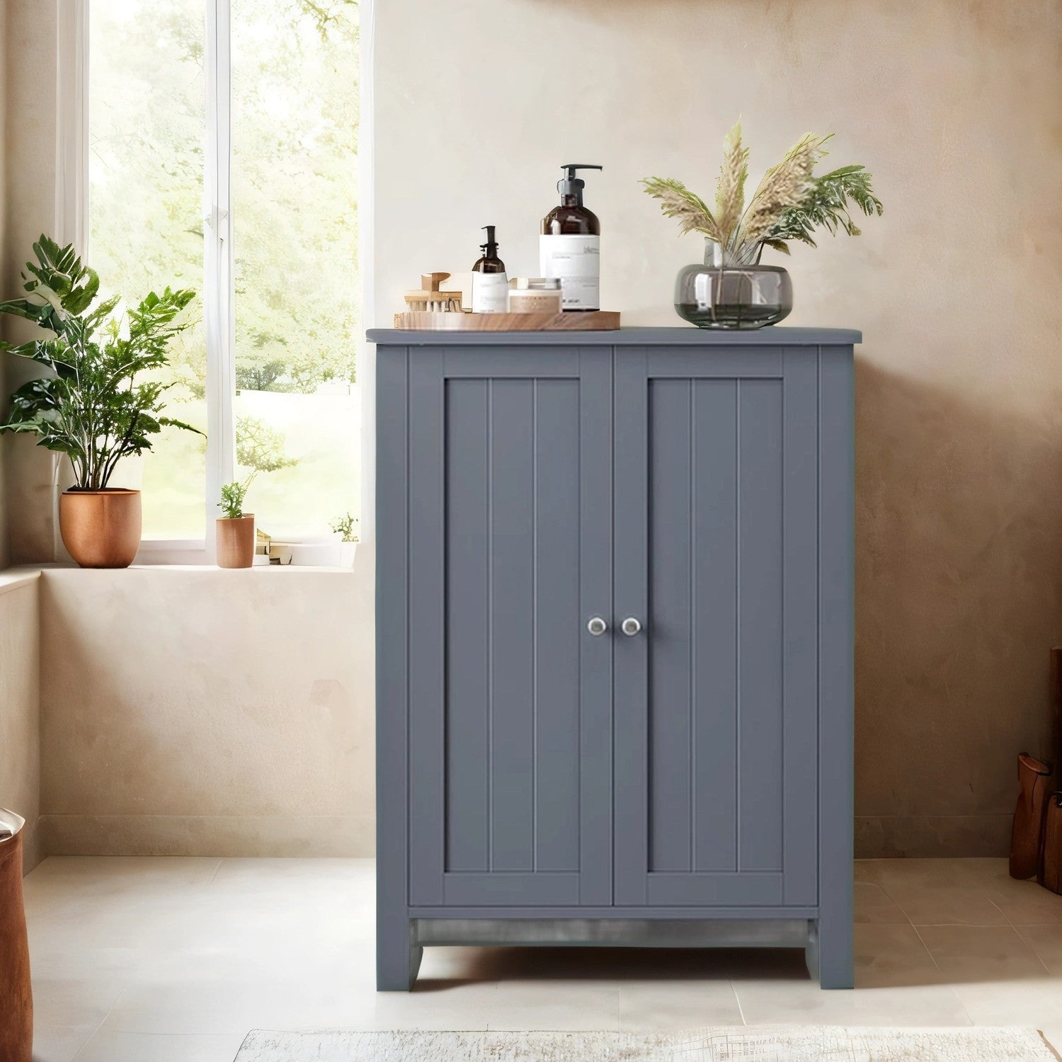 Bathroom Floor Storage Cabinet - Wood - White - Freestanding with 2 Doors and 2 Adjustable Shelves