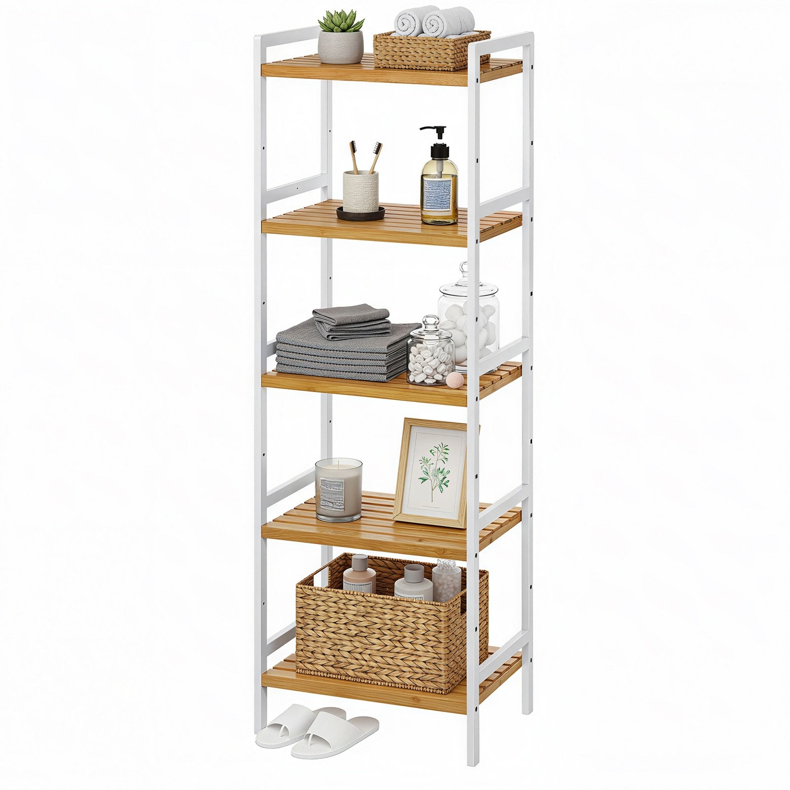 5-Tier Shelf Unit - Bamboo - Natural White - Versatile Storage Organizer for Kitchen and Bathroom