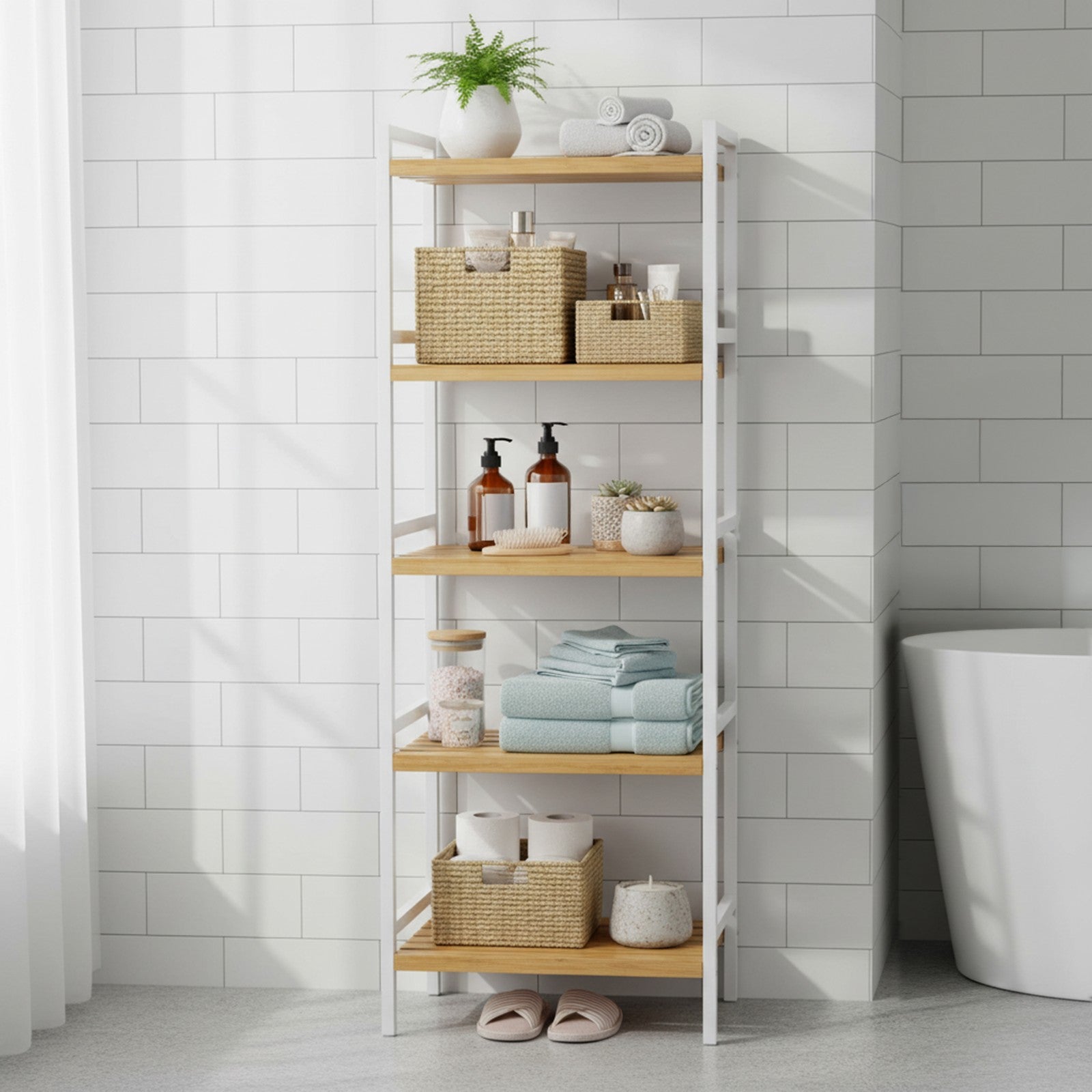5-Tier Shelf Unit - Bamboo - Natural White - Versatile Storage Organizer for Kitchen and Bathroom