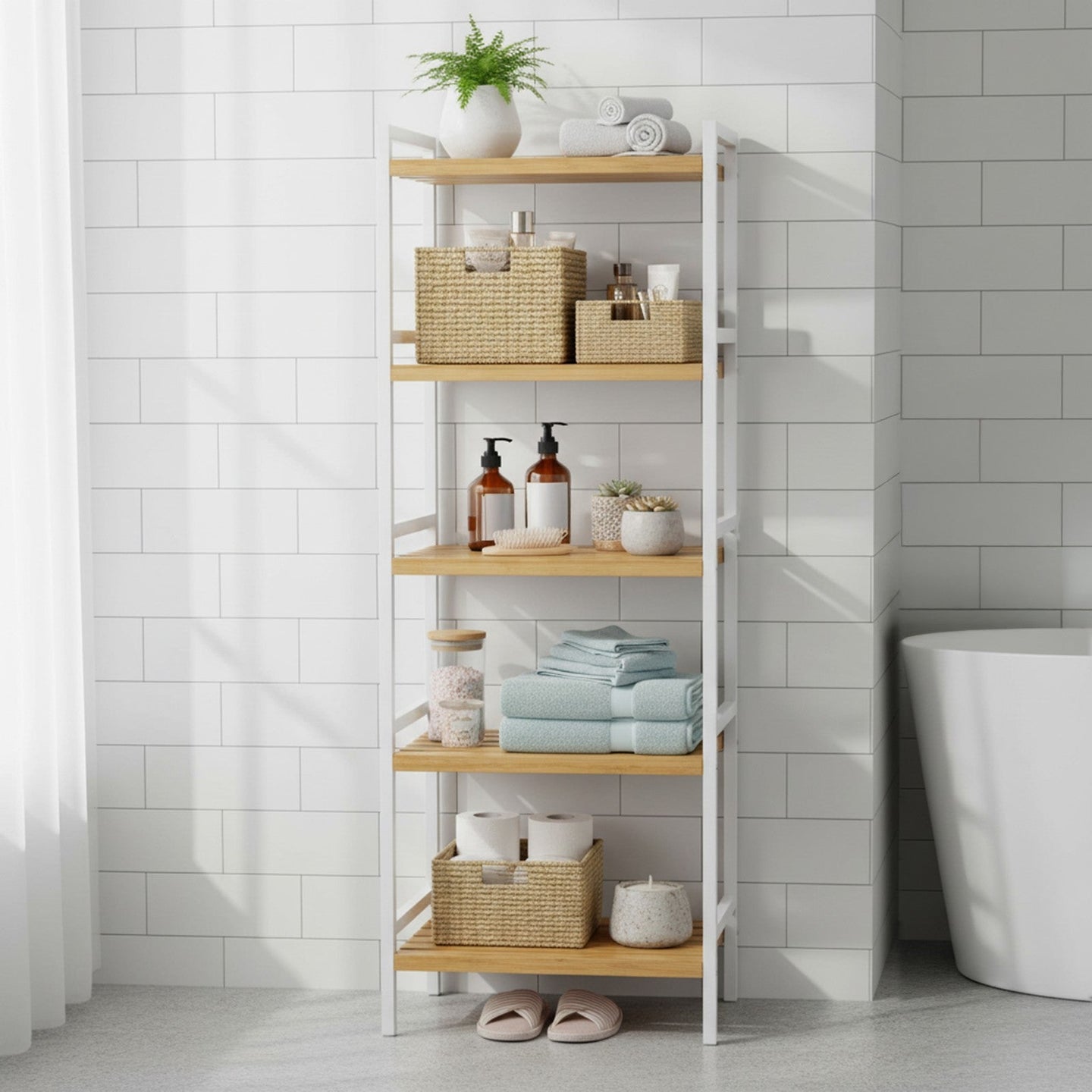 5-Tier Shelf Unit - Bamboo - Natural White - Versatile Storage Organizer for Kitchen and Bathroom