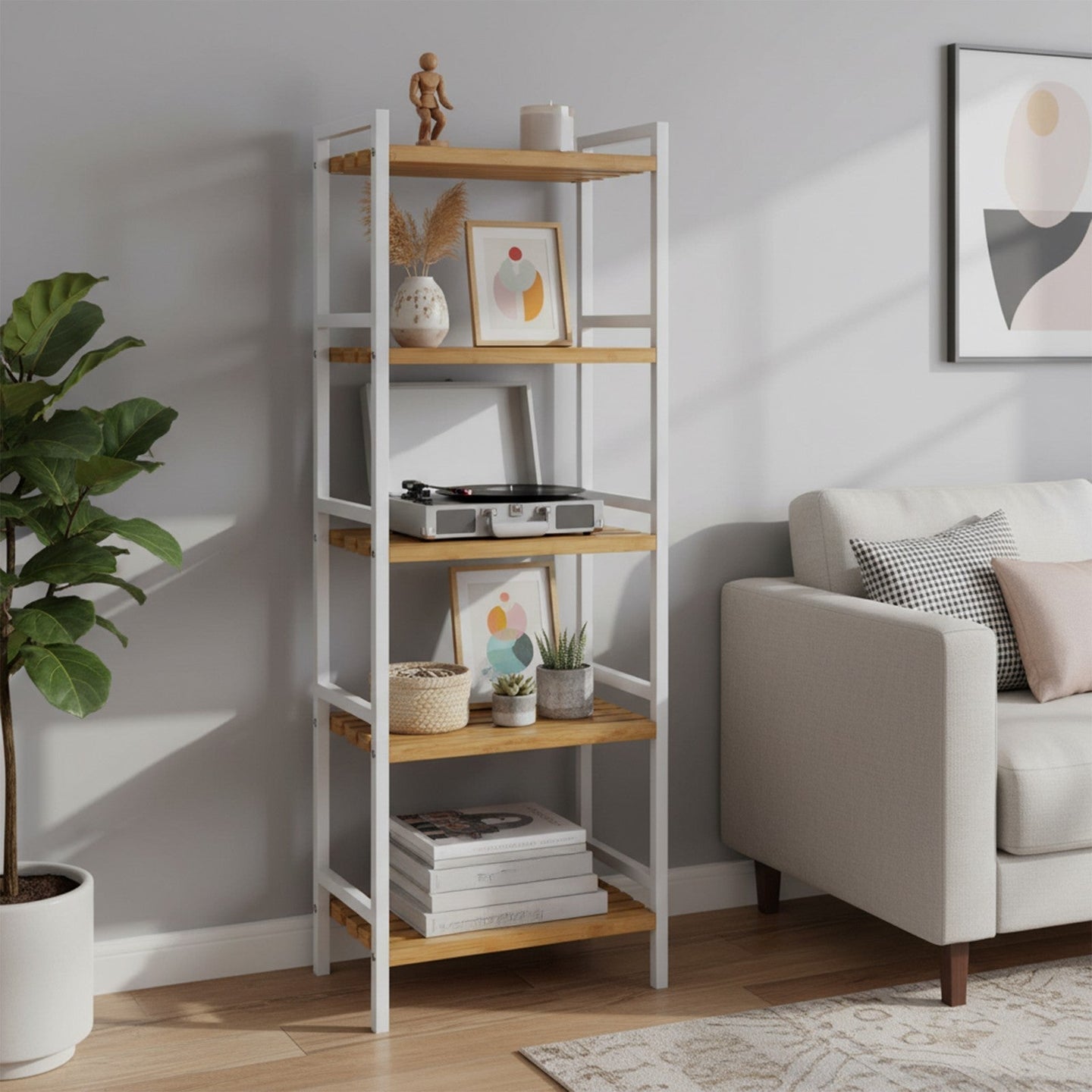 5-Tier Shelf Unit - Bamboo - Natural White - Versatile Storage Organizer for Kitchen and Bathroom