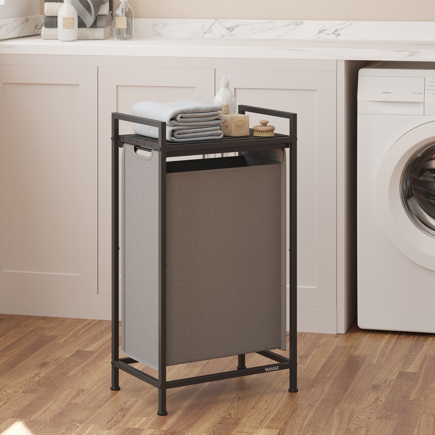 Laundry Hamper - Metal Frame - Rustic Brown and Black - Pull-Out Liner with Shelf
