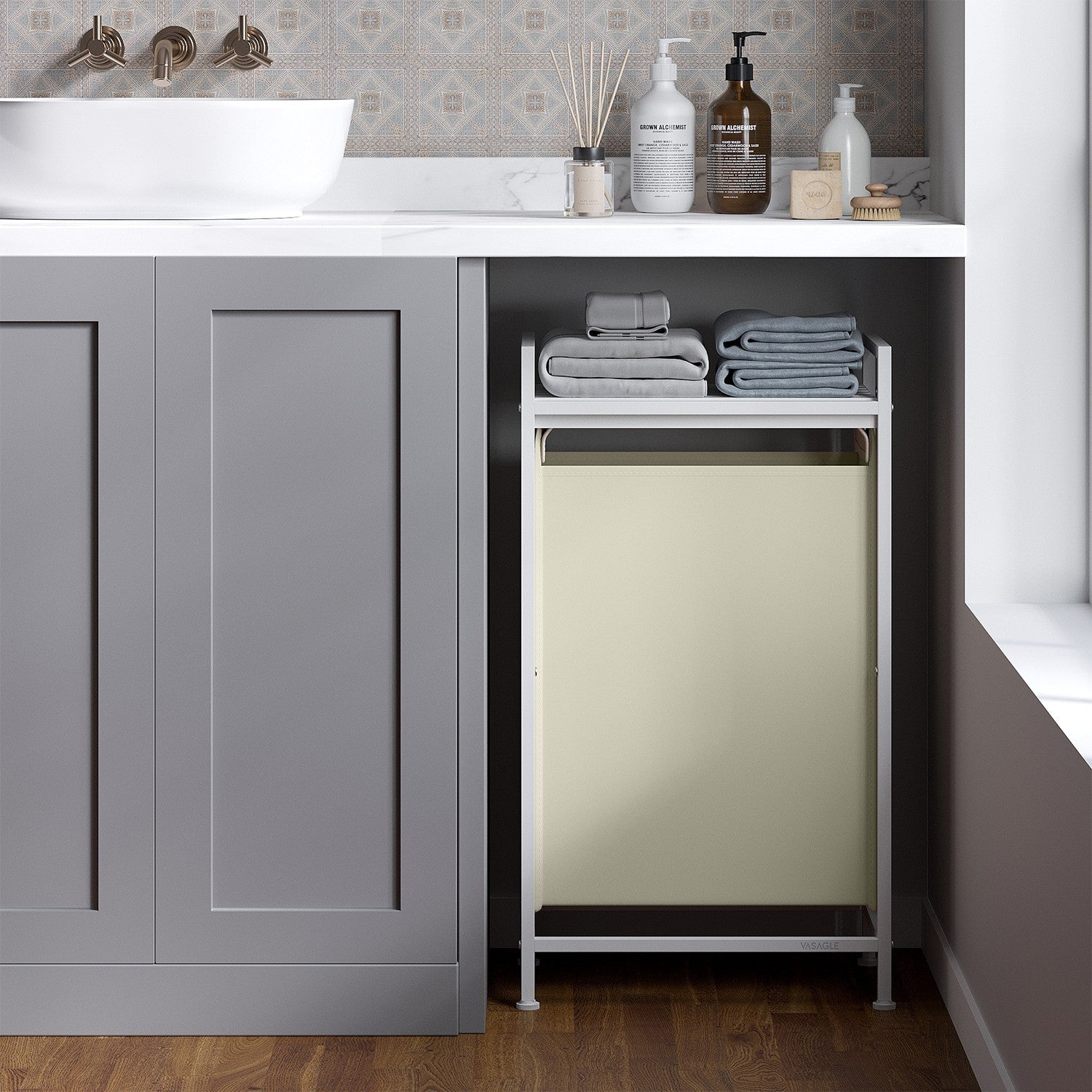 Laundry Hamper - Metal Frame - Rustic Brown and Black - Pull-Out Liner with Shelf