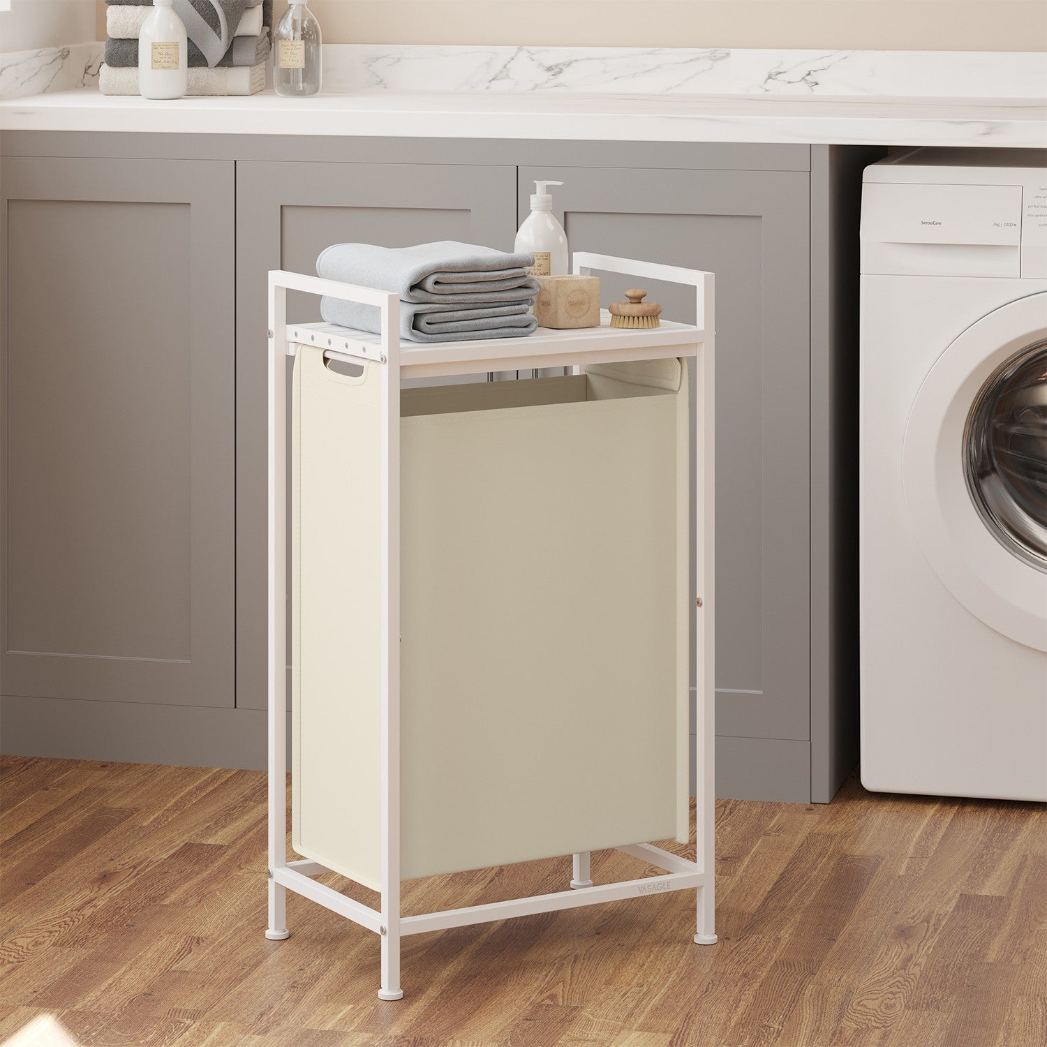 Laundry Hamper - Metal Frame - Rustic Brown and Black - Pull-Out Liner with Shelf