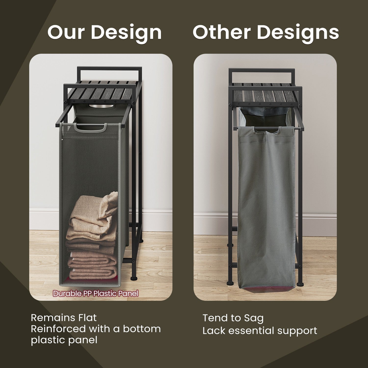 Laundry Hamper - Metal - Rustic Brown and Black - Pull-Out Liner with Shelf