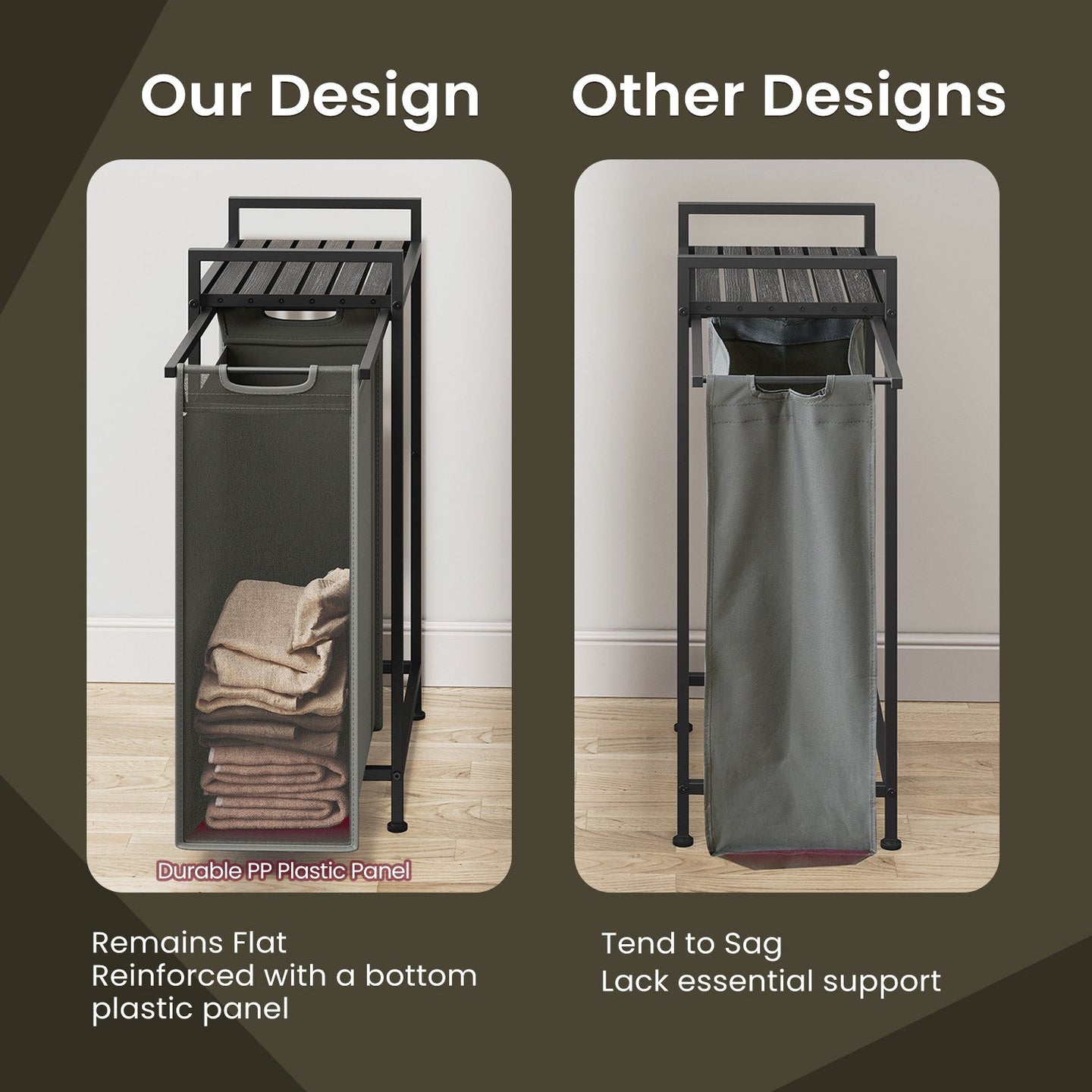 Laundry Hamper - Metal - Rustic Brown and Black - Pull-Out Liner with Shelf