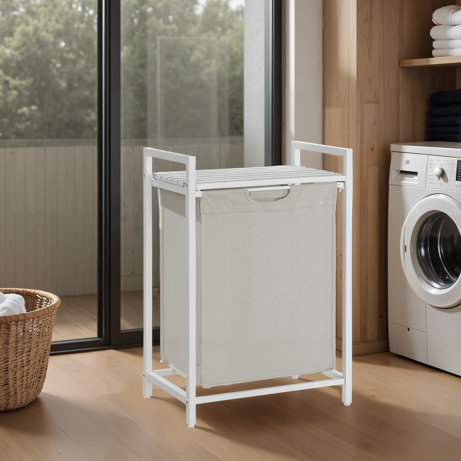 Laundry Hamper - Metal - Rustic Brown and Black - Pull-Out Liner with Shelf