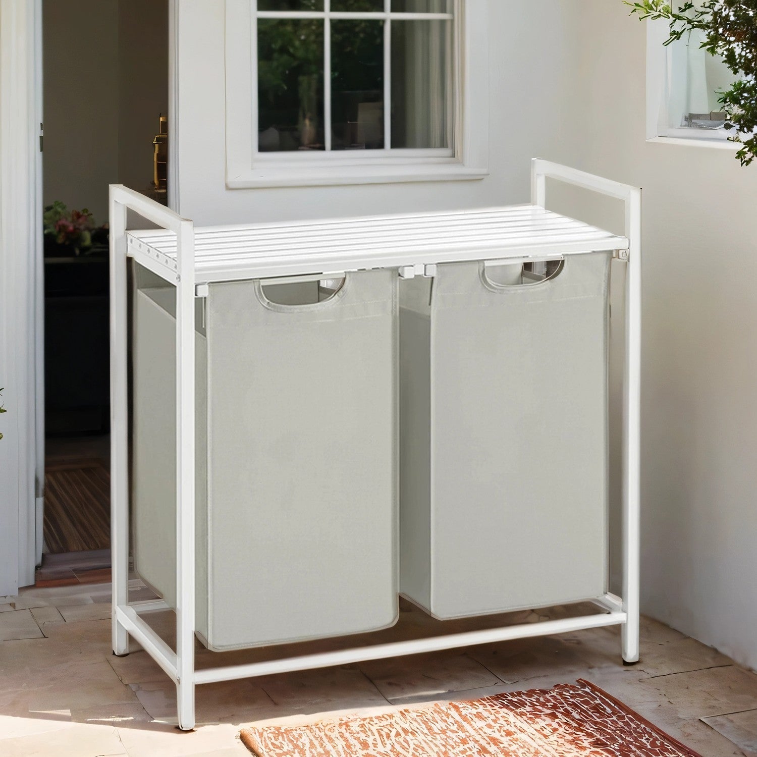 Laundry Hamper - Fabric - White - Double Compartment with 2 Removable Bags