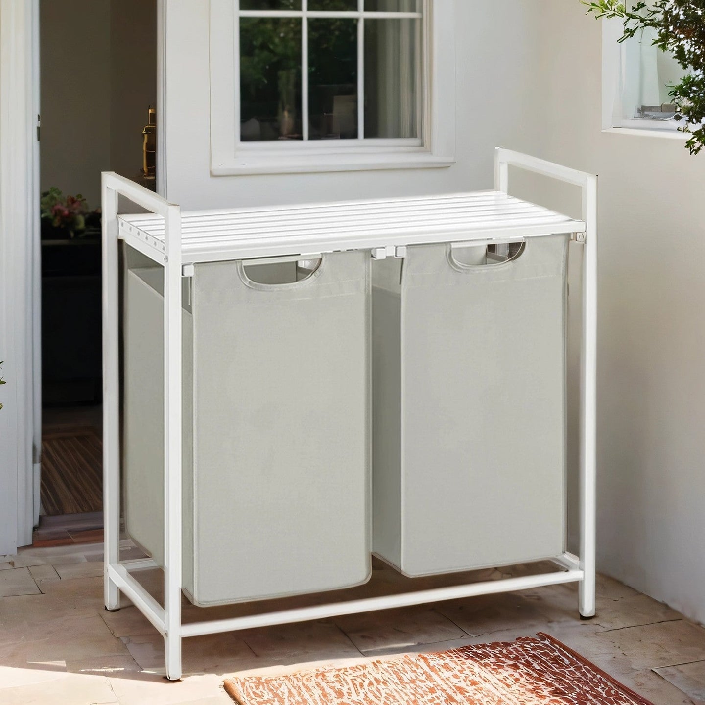 Laundry Hamper - Fabric - White - Double Compartment with 2 Removable Bags