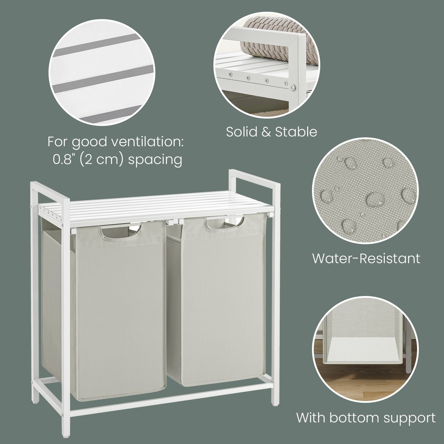 Laundry Hamper - Fabric - White - Double Compartment with 2 Removable Bags