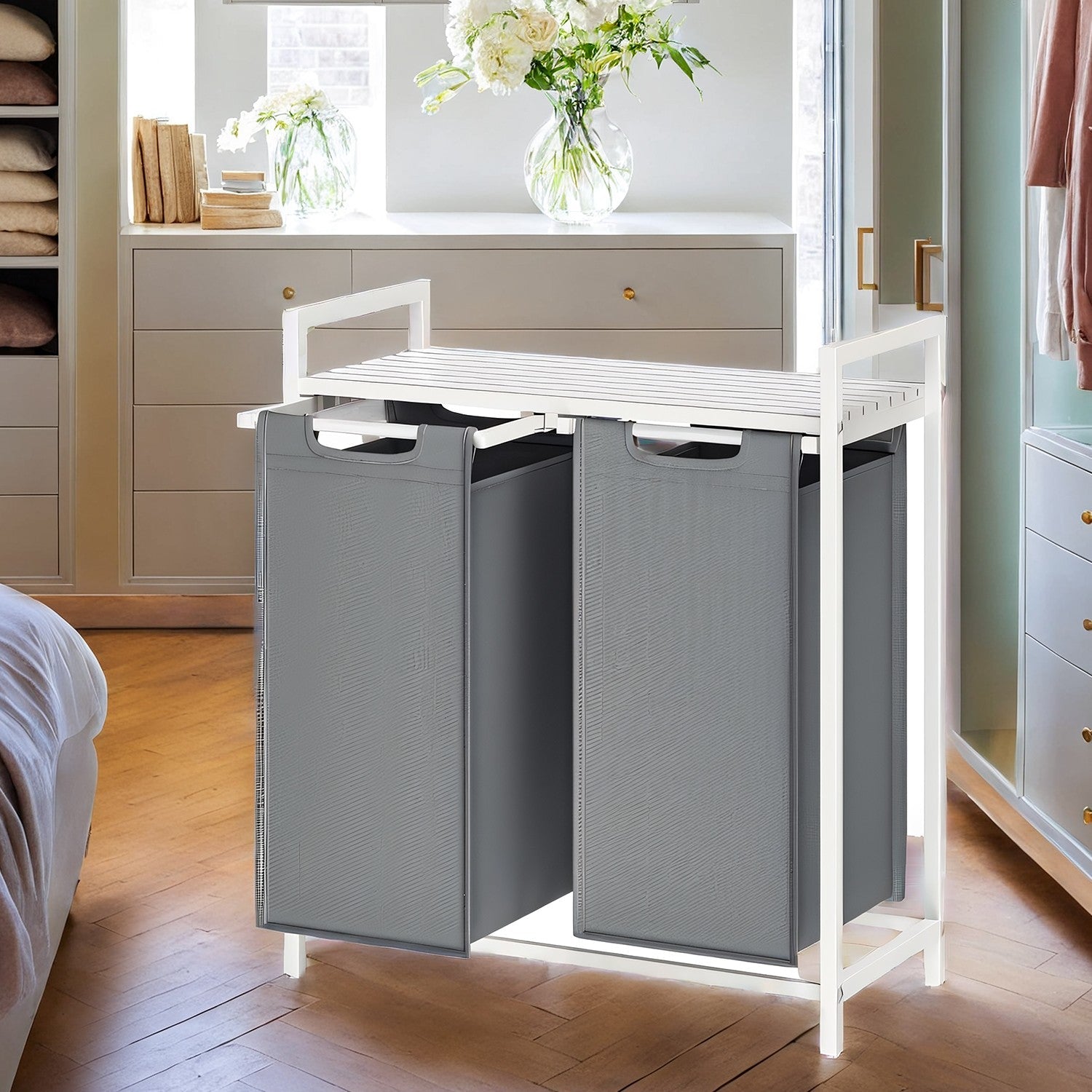Laundry Hamper - Fabric - Grey and White - 2-Section with Removable Bags and Shelf