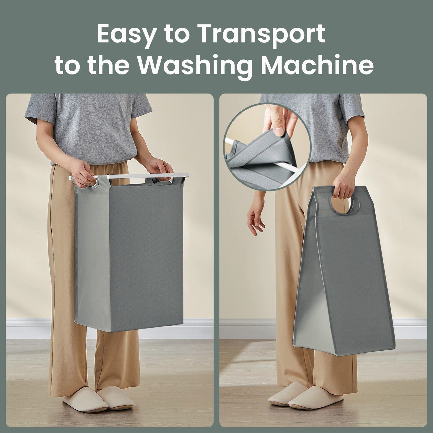 Laundry Hamper - Fabric - Grey and White - 2-Section with Removable Bags and Shelf