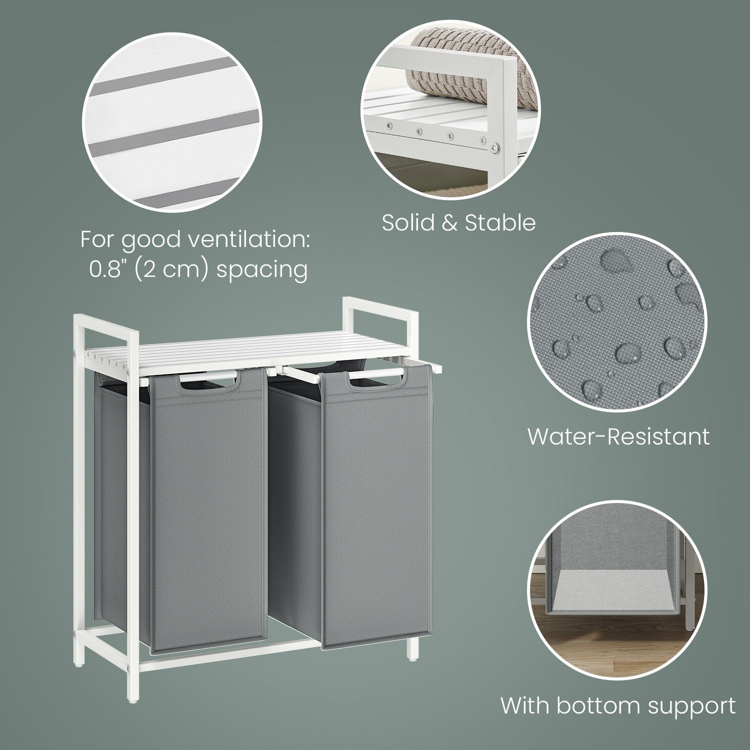 Laundry Hamper - Fabric - Grey and White - 2-Section with Removable Bags and Shelf