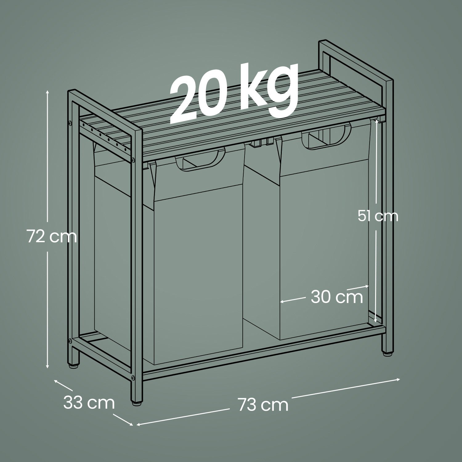 Laundry Hamper - Fabric - Grey and White - 2-Section with Removable Bags and Shelf