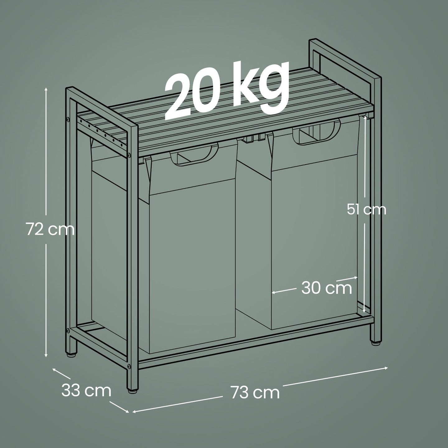 Laundry Hamper - Fabric - Grey and White - 2-Section with Removable Bags and Shelf