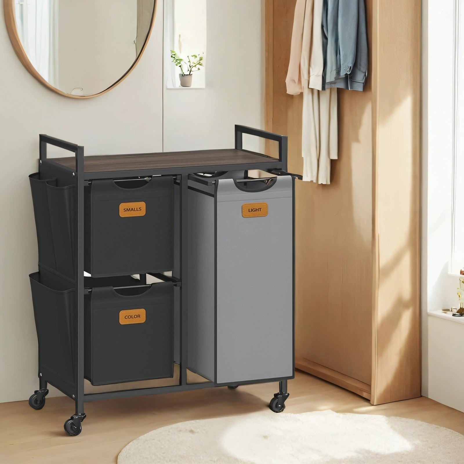 3-Compartment Laundry Hamper - Engineered Wood - Chestnut Brown - Rolling Cart with Shelves and Removable Liners