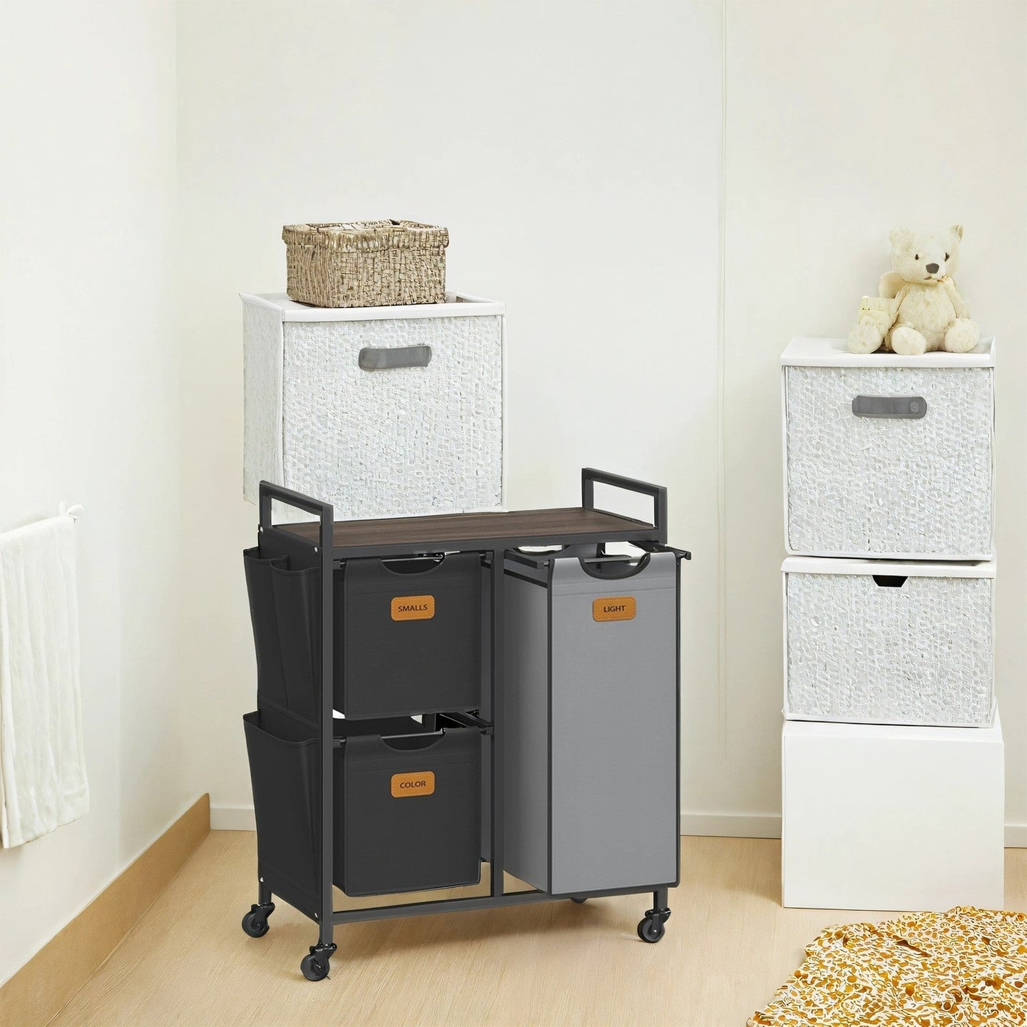 3-Compartment Laundry Hamper - Engineered Wood - Chestnut Brown - Rolling Cart with Shelves and Removable Liners