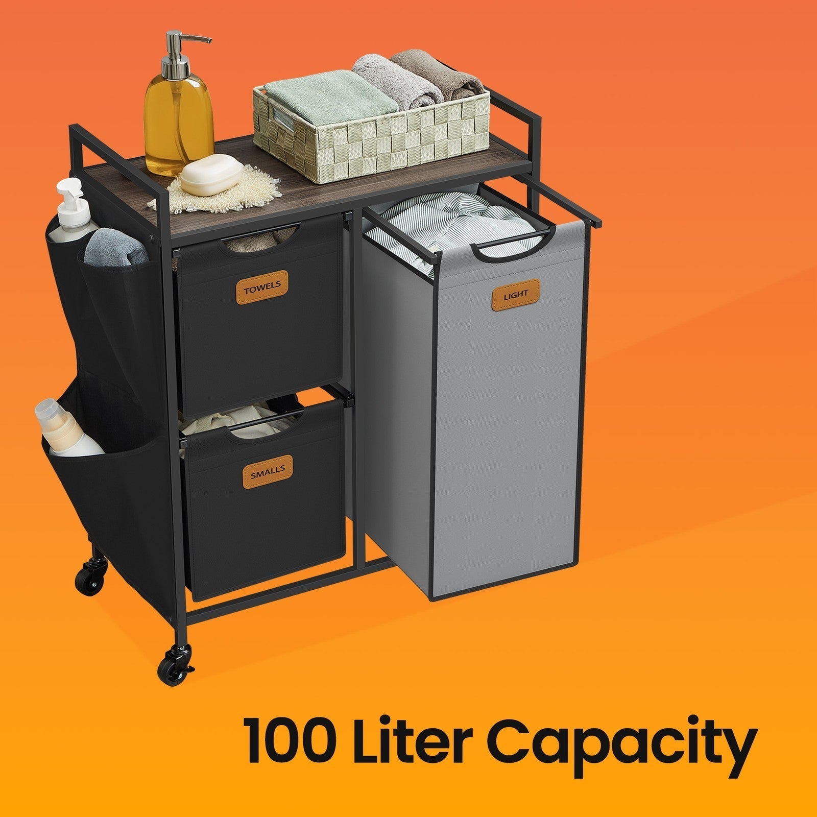3-Compartment Laundry Hamper - Engineered Wood - Chestnut Brown - Rolling Cart with Shelves and Removable Liners