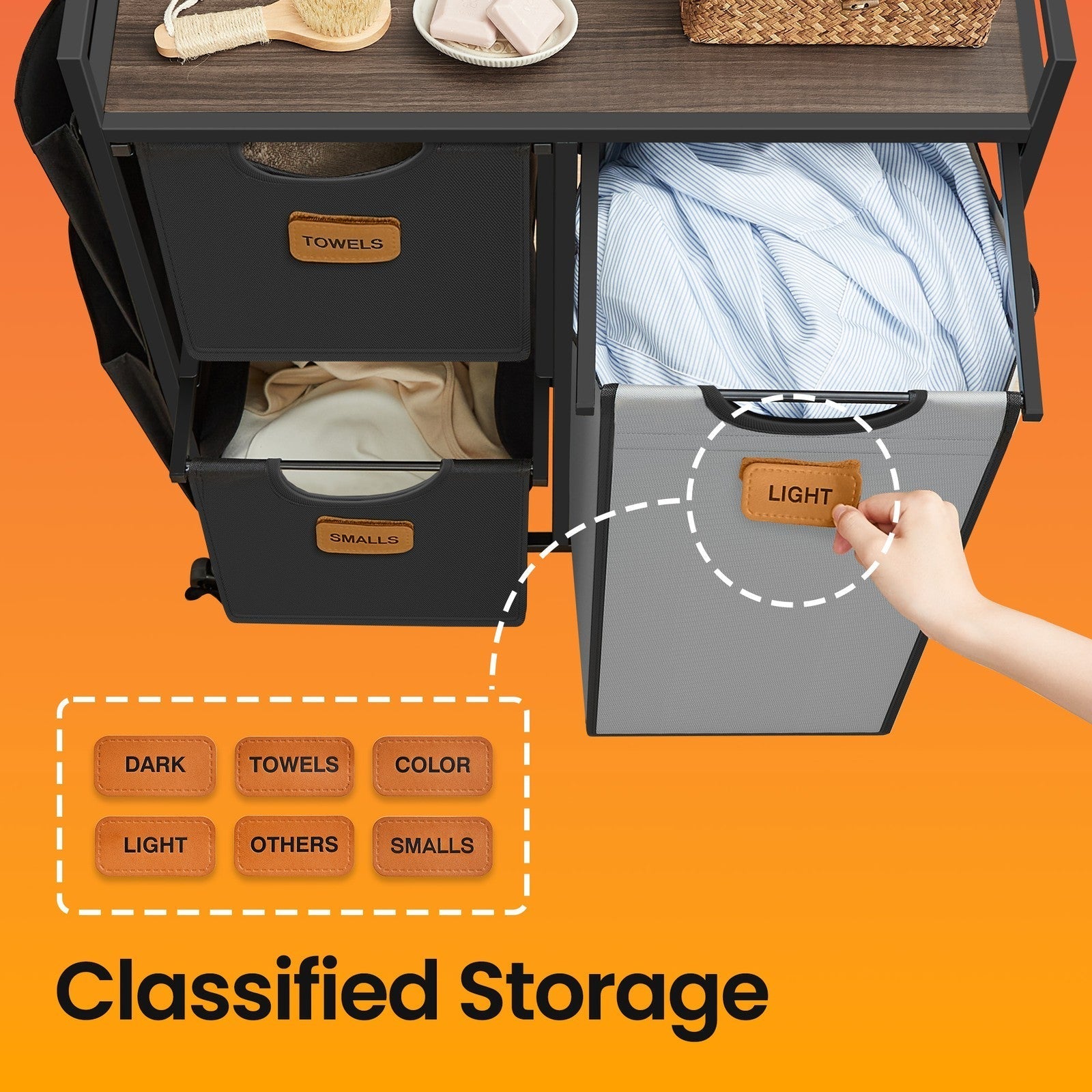 3-Compartment Laundry Hamper - Engineered Wood - Chestnut Brown - Rolling Cart with Shelves and Removable Liners