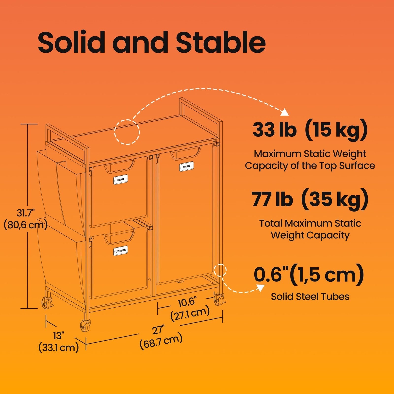 3-Compartment Laundry Hamper - Engineered Wood - Chestnut Brown - Rolling Cart with Shelves and Removable Liners