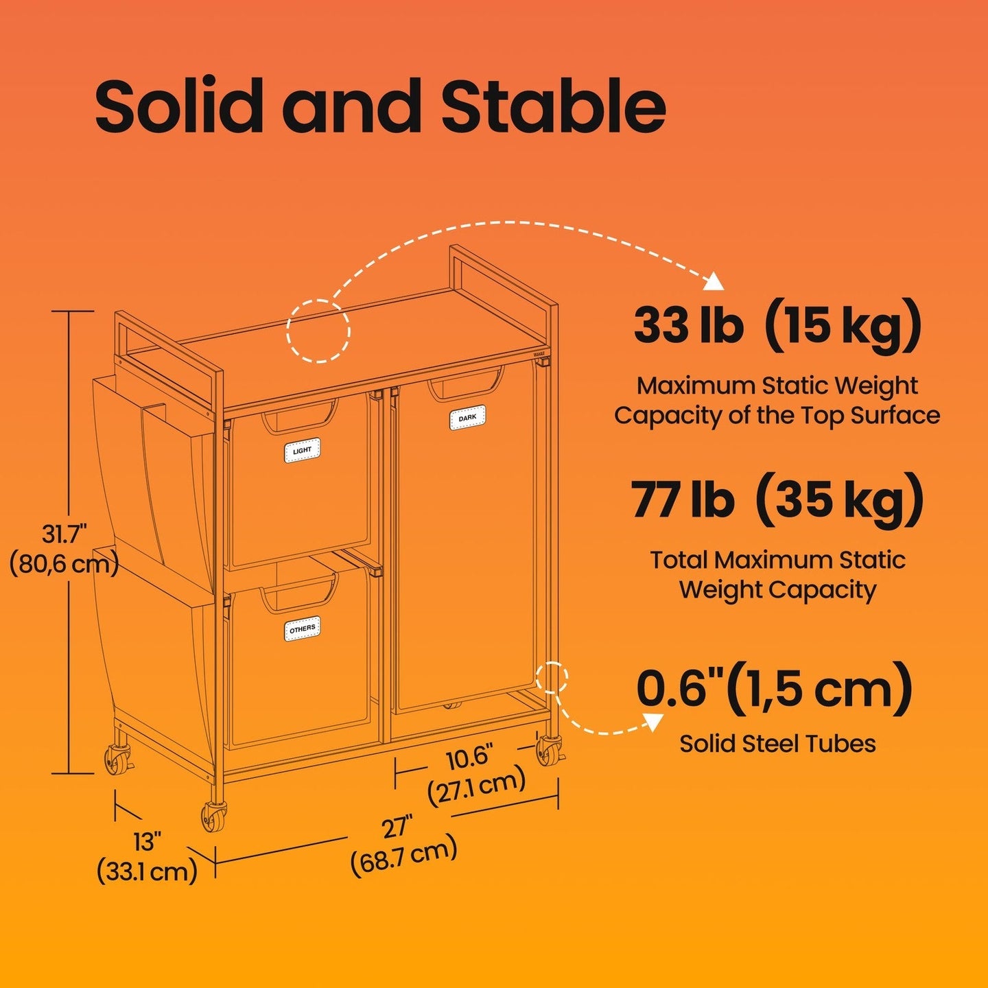 3-Compartment Laundry Hamper - Engineered Wood - Chestnut Brown - Rolling Cart with Shelves and Removable Liners