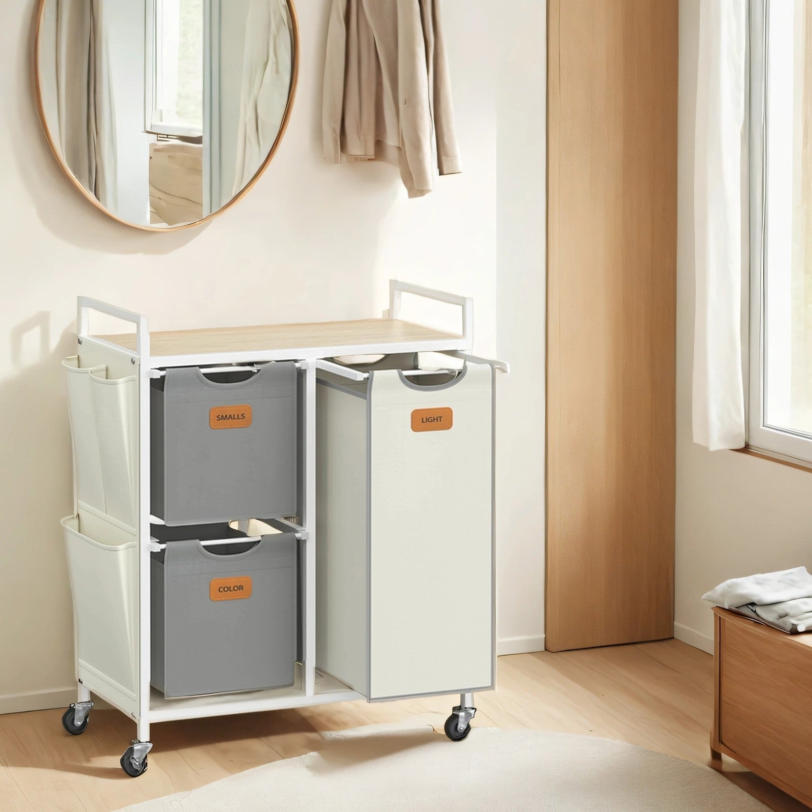 3-Compartment Laundry Sorter - Fabric - Natural Beige - Rolling Cart with Shelves and Removable Liners